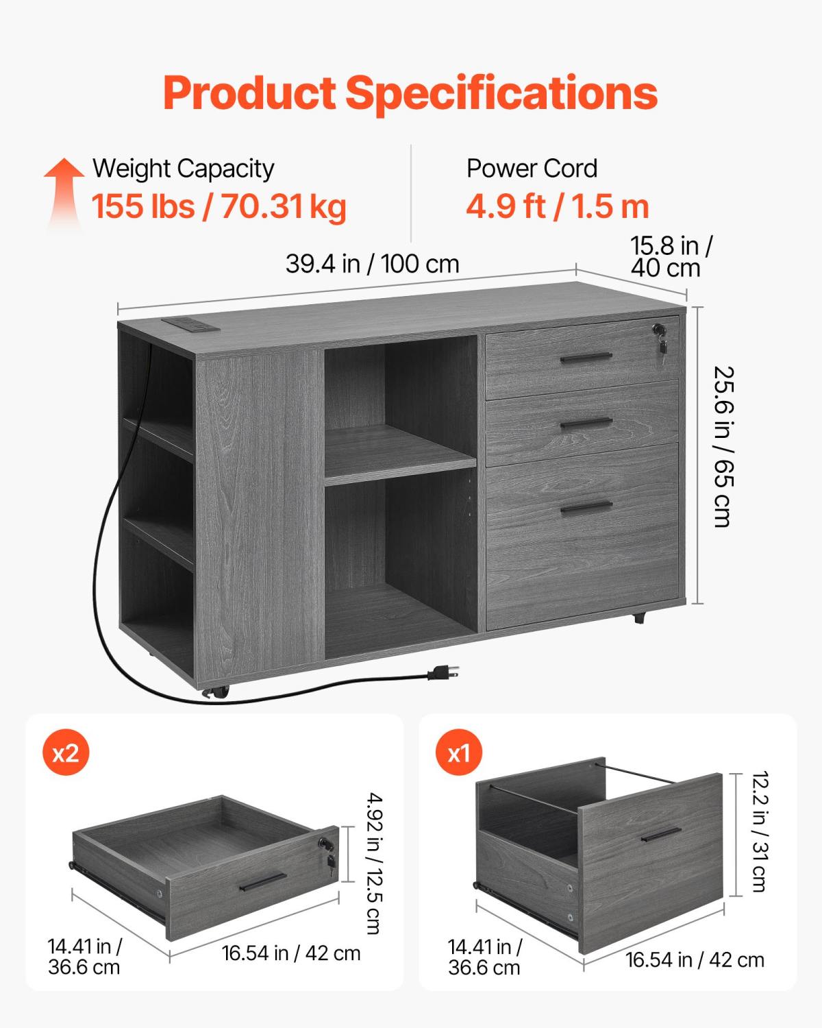 3 Drawer Wooden File Cabinet Mobile Filing Cabinet With Power Strip Gray