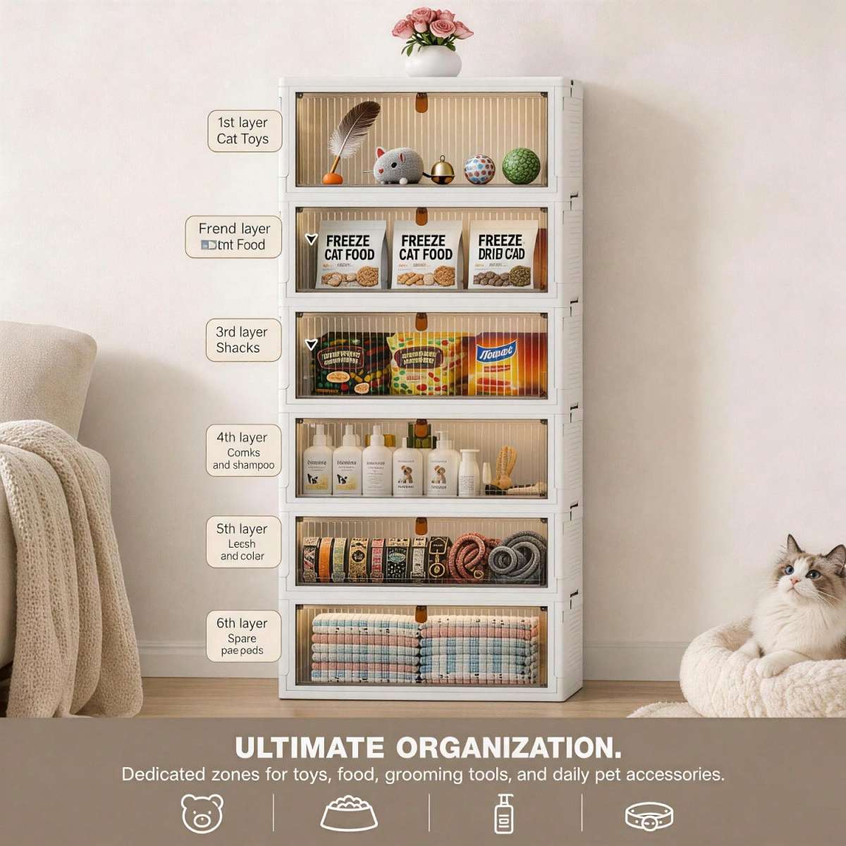 Foldable Stackable Pet Supplies Storage Bin With Wheels, Magnetic Door Collapsible Organizer Cabinet For Pet Toys, Food, Grooming Tools, Multi-Purpose Storage For Home, Bedroom, Laundry Room