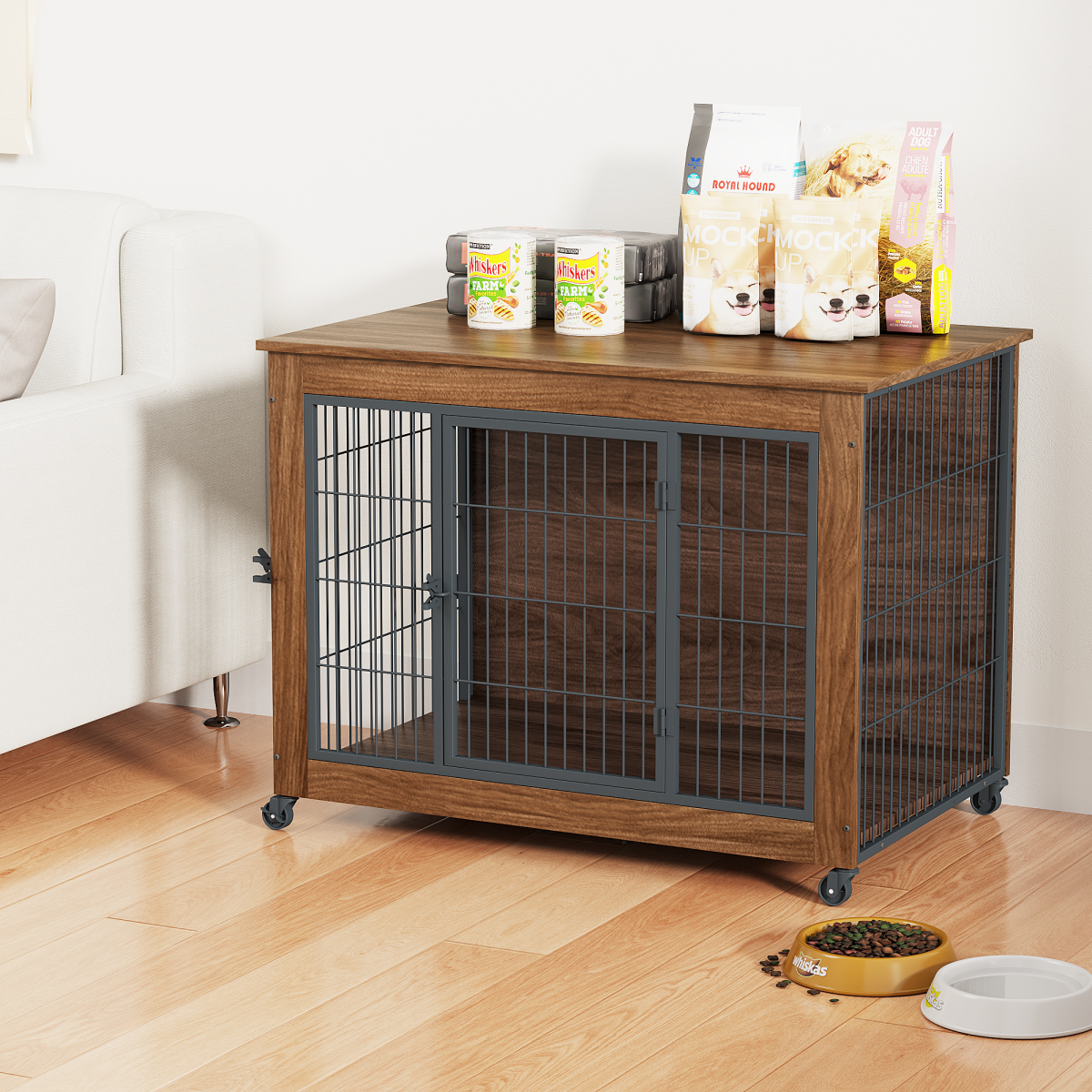 38.6 Dog Crate Furniture With Wheels For Small Dogs, Heavy Duty Dog Kennel Indoor With 2 Doors, Wooden Pet Cage End Table, Double-Doors Sturdy Metal Dog Cage For Anxiety Dog