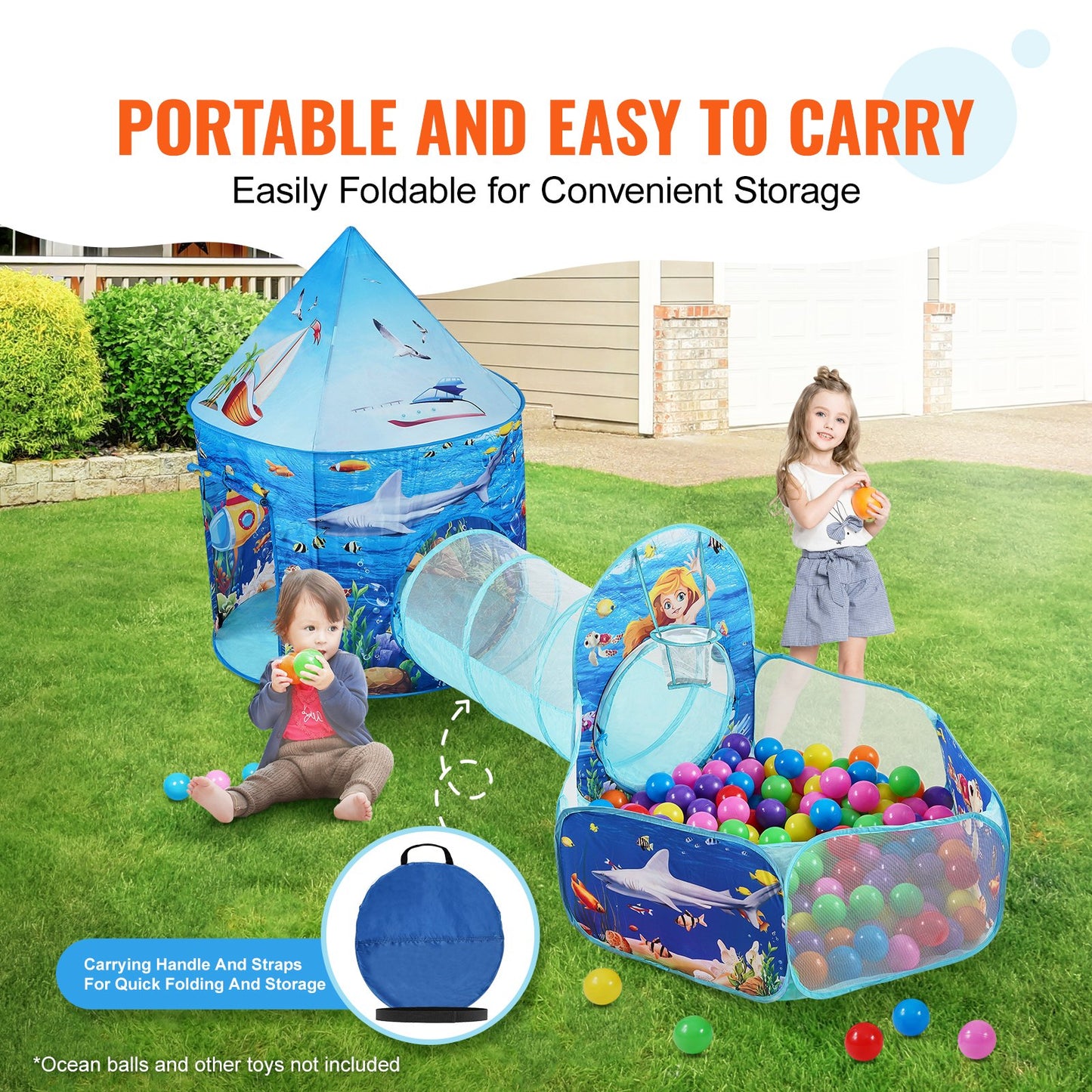 3 In 1 Kids Play Tent With Tunnel, Basketball Hoop For Boys, Girls, Babies And Toddlers, Indoor/Outdoor Pop Up Playhouse With Carrying Bag & Banding Straps Birthday Gifts, Blue Ocean