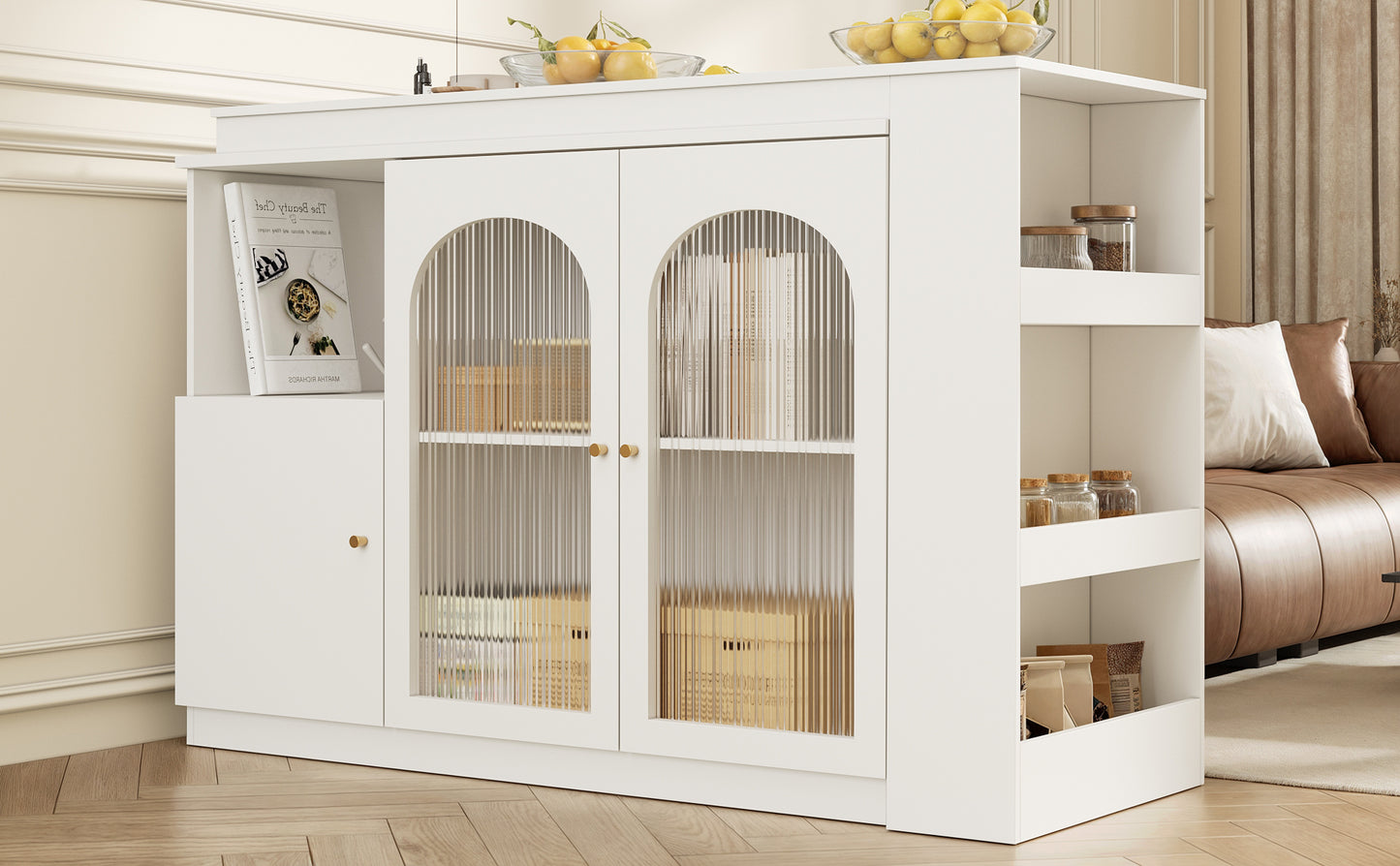 360 Rotatable Bar Table Main Body 120 X 40 X 97 Cm , Modern And Simple White Rotating Dining And Bar Cabinet, Multifunctional Storage Cabinet With Glass Door