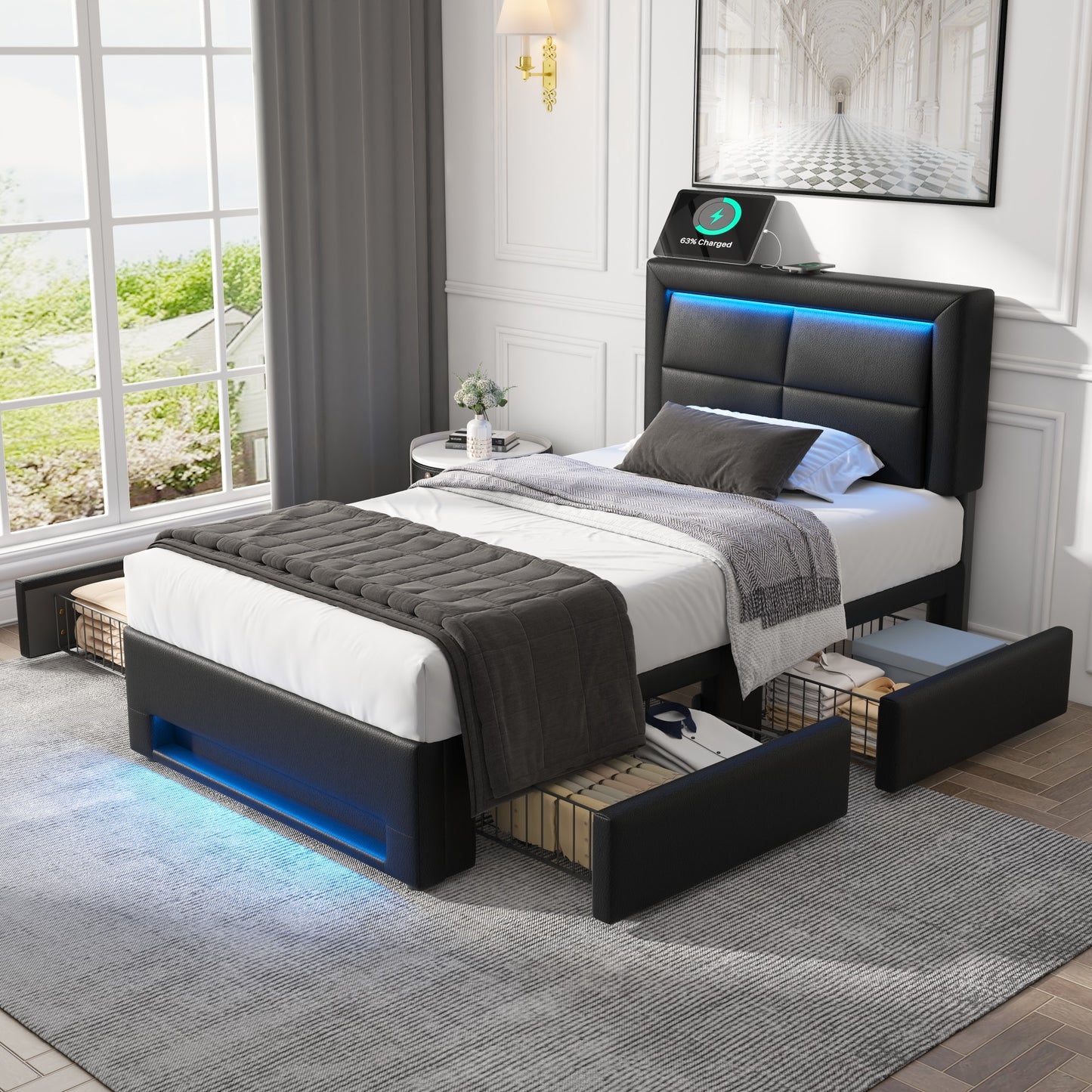 Upholstered Bed 90x190 Cm, With USB Port Supports Wireless And Wired Charging , With LED Lighting And Four Drawers, Without Mattress, PU Lychee Pattern, Black