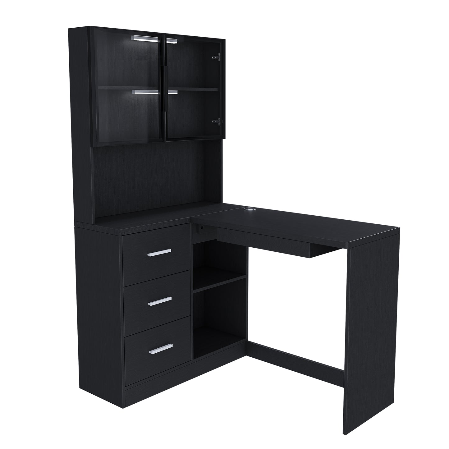 Computer Desk With Glass Cabinets & Built-In LED Lights, Corner L-Shaped Office Desk With USB Charging Ports, Keyboard Tray, Ergonomic Design For Home And Corporate Workspaces Black