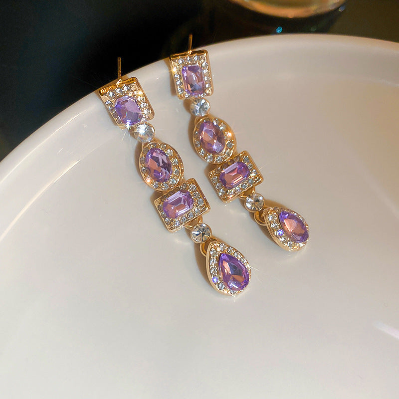 Korean Cute Purple Crystal Flower Earrings Women Premium Elegant Studs Versatile Everyday Wear