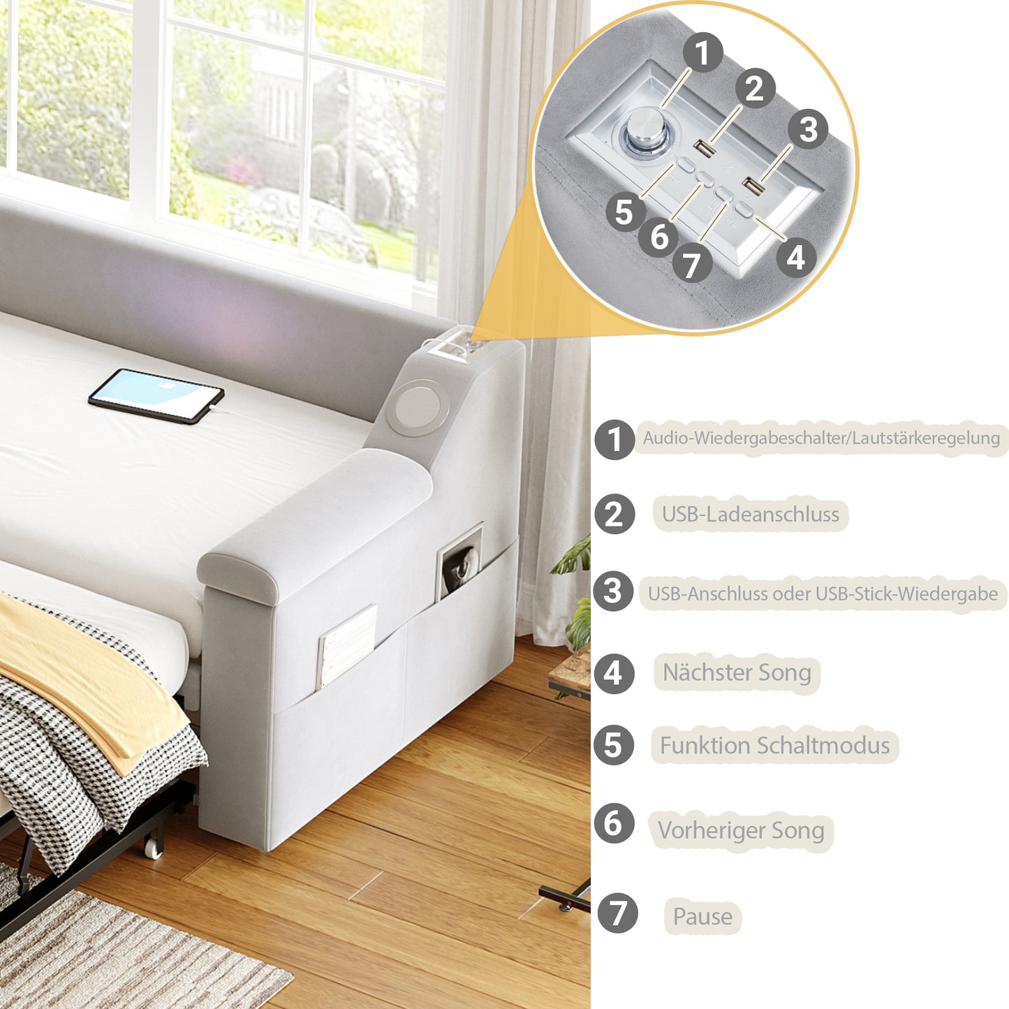 Upholstered Bed Sofa Bed, 90 180x190 Cm, Armrests Wider And Thicker, With Smart Bluetooth Stereo System With USB Charging Port, With Storage Compartments, With Slatted Base, Velvet Fabric, Light Grey