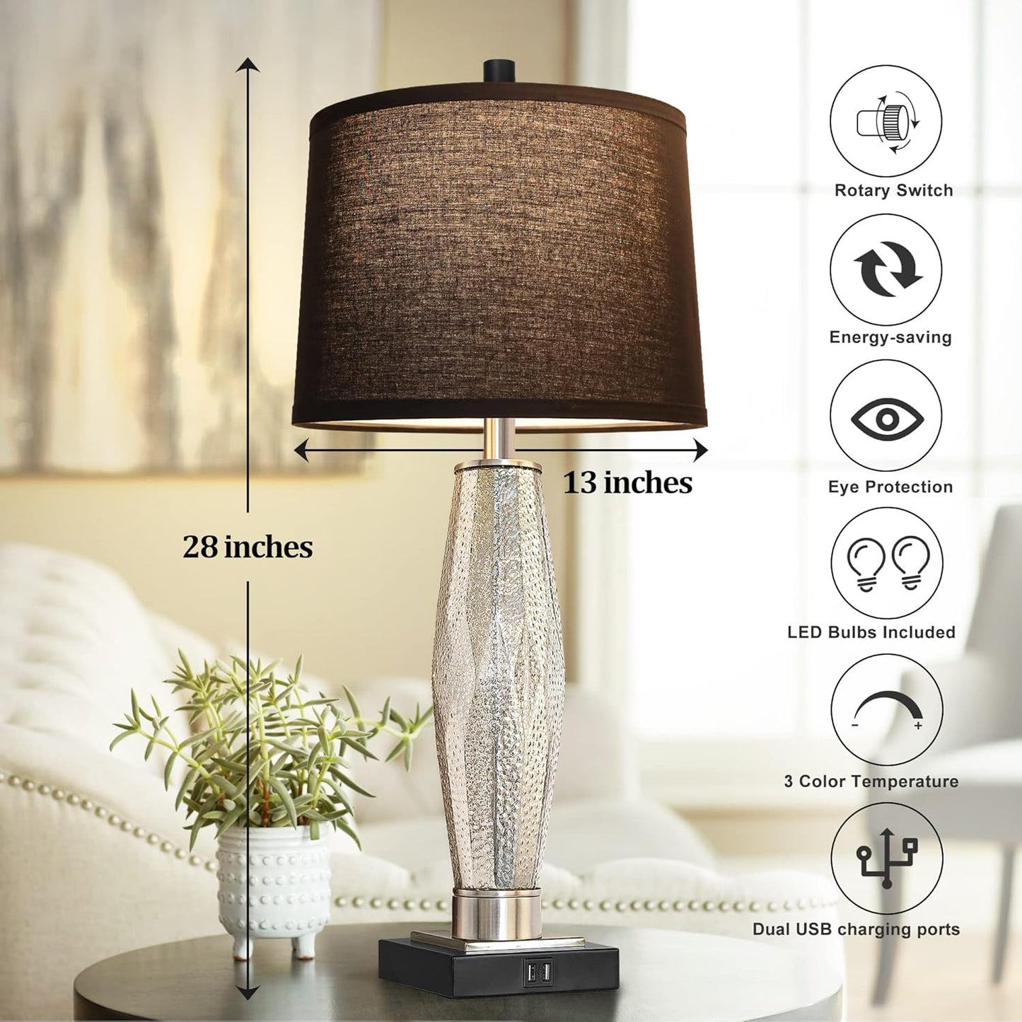 Table Lamps Set Of 2, Bedroom Lamp With USB A C Charging Ports, Modern Glass Beside Lamps For Living Room Rotary Switches, Black Nightstand Lamp Home Lights Decor LED Bulbs Included