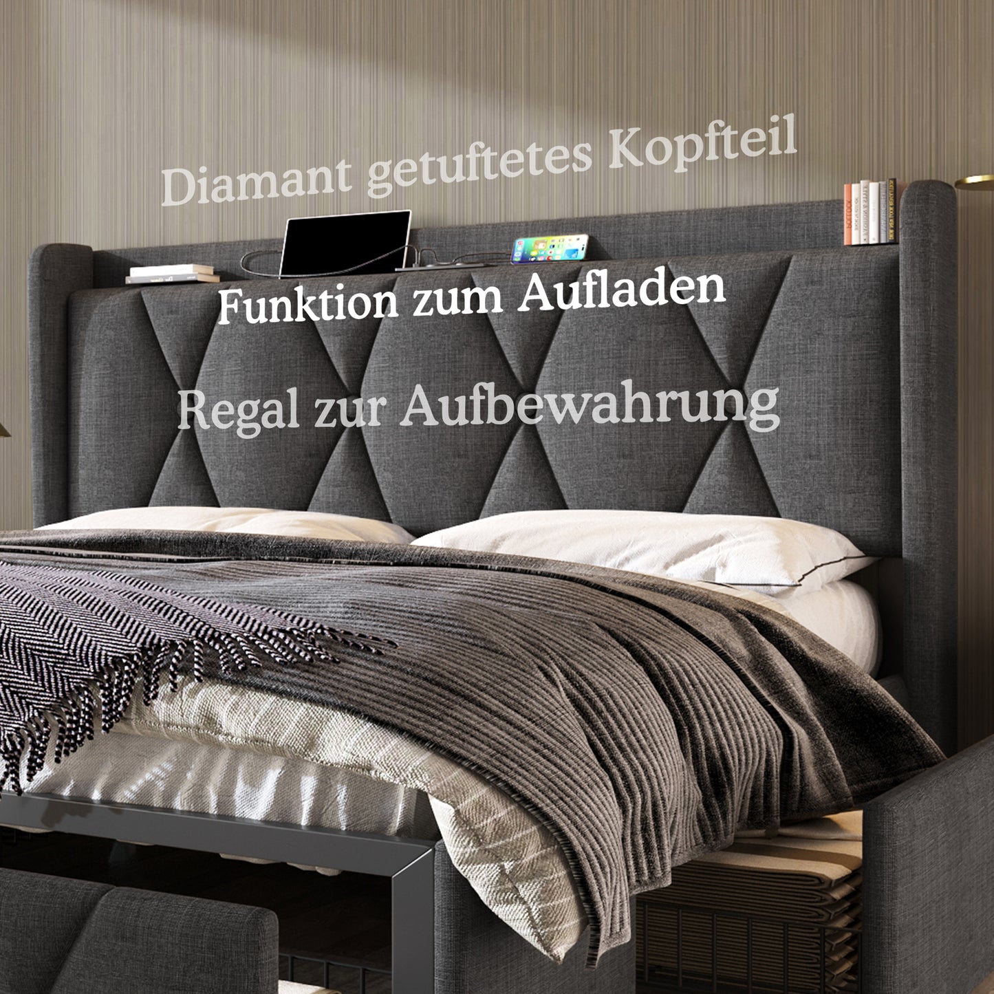 Upholstered Bed With Charging, USB Charging Function, Headboard And 4 Drawers, Double Bed 140x200cm, Storage Beds, Bed Frame, Wooden Slatted Base, Grey Without Mattress