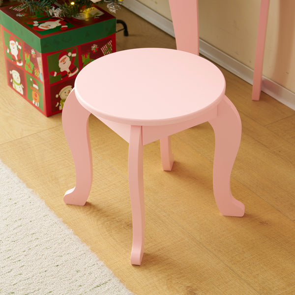 Kids Vanity Table And Chair Set, 2-in-1 Girls Vanity With Tri-Folding Mirror & 3-Color LED Lights, 1 Drawer, Pretend Play Makeup Dressing Princess Table For Toddlers, Pink
