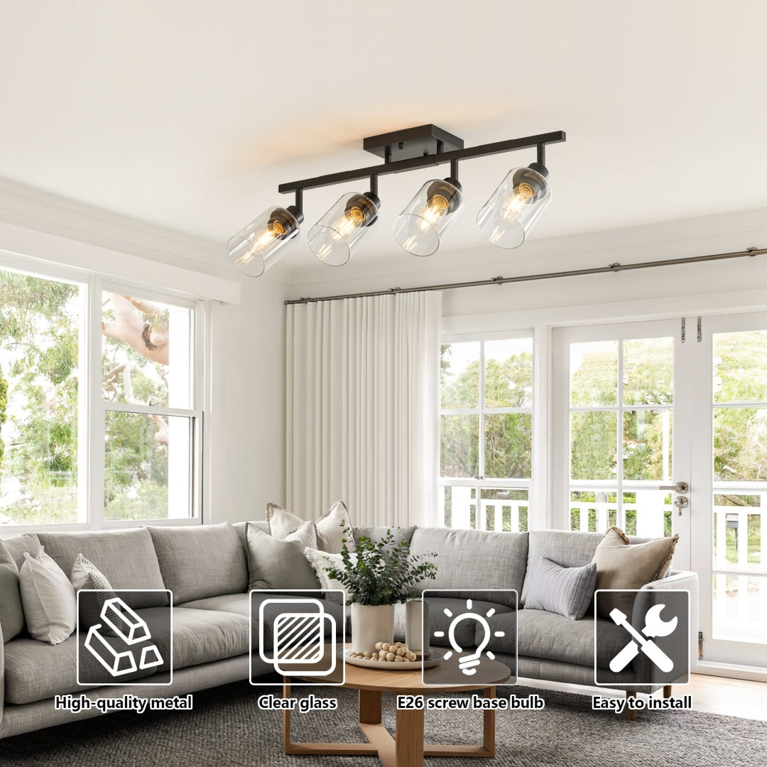 4-Lights Track Lighting Fixtures Ceiling With Clear Glass Shades, Modern Black Semi Flush Mount Ceiling Light, Rotatable Wall Mount Ceiling Lamp For Kitchen Hallway Bedroom Bulb Not Included