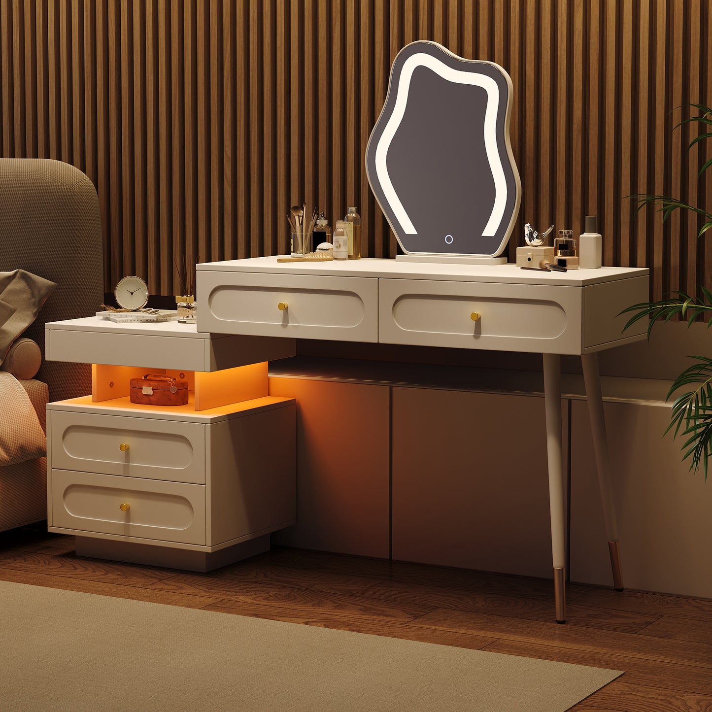 Dressing Table With LED Mirror And Lighting - White Dressing Table Set For Bedroom With 4 Spacious Drawers And 1 Open Storage Compartment - White, Dimensions W140 D40 H130 Cm Without Stool