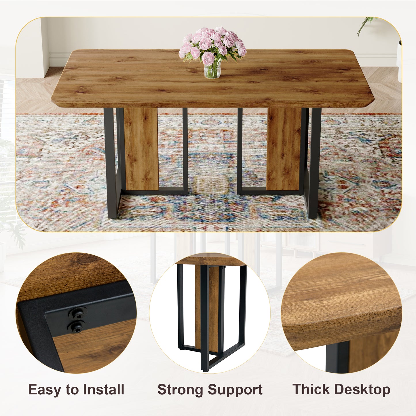 Modern Minimalism And Luxurious Wood Rectangular Patterned Dining Table. The Computer Desk. Dining Tables Are Used In The Dining Room, Living Room.67 X36 X30 Density Board Sticker,Iron Pipe Spraying,