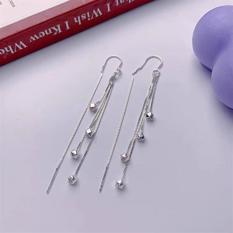 1 Pair 999 Sterling Silver Faceted Cube Bead Long Tassel Threader Earrings, Minimalist & Elegant, Perfect For Daily, Dating & Business, Ideal Valentine's Gift