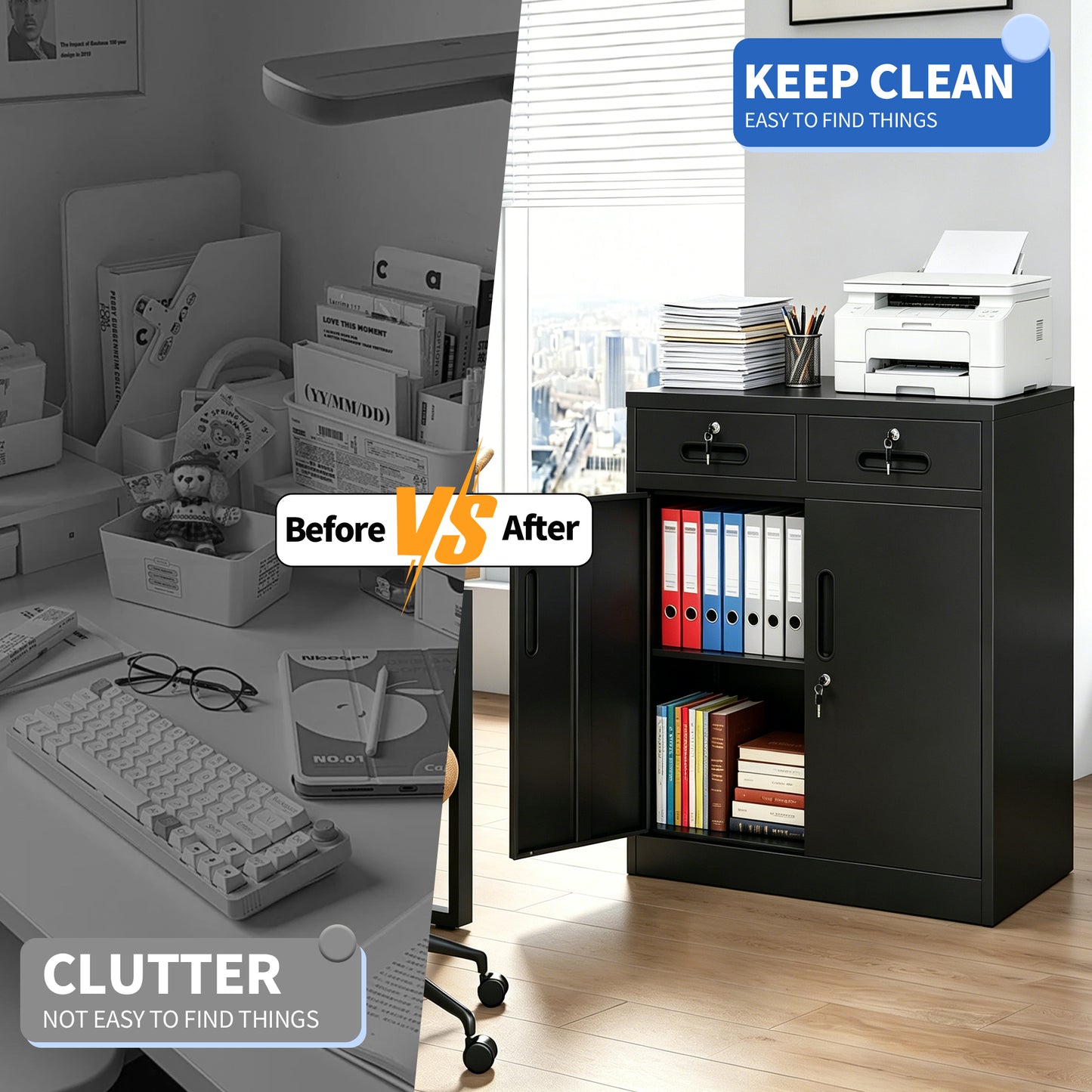 Metal Storage Cabinet With Lock And Two Drawers, 2-Door Office Storage Cabinet With 1 Adjustable Shelves, Heavy Duty Steel File Cabinet For Home, Office, Garage, School Black, 35.5 H