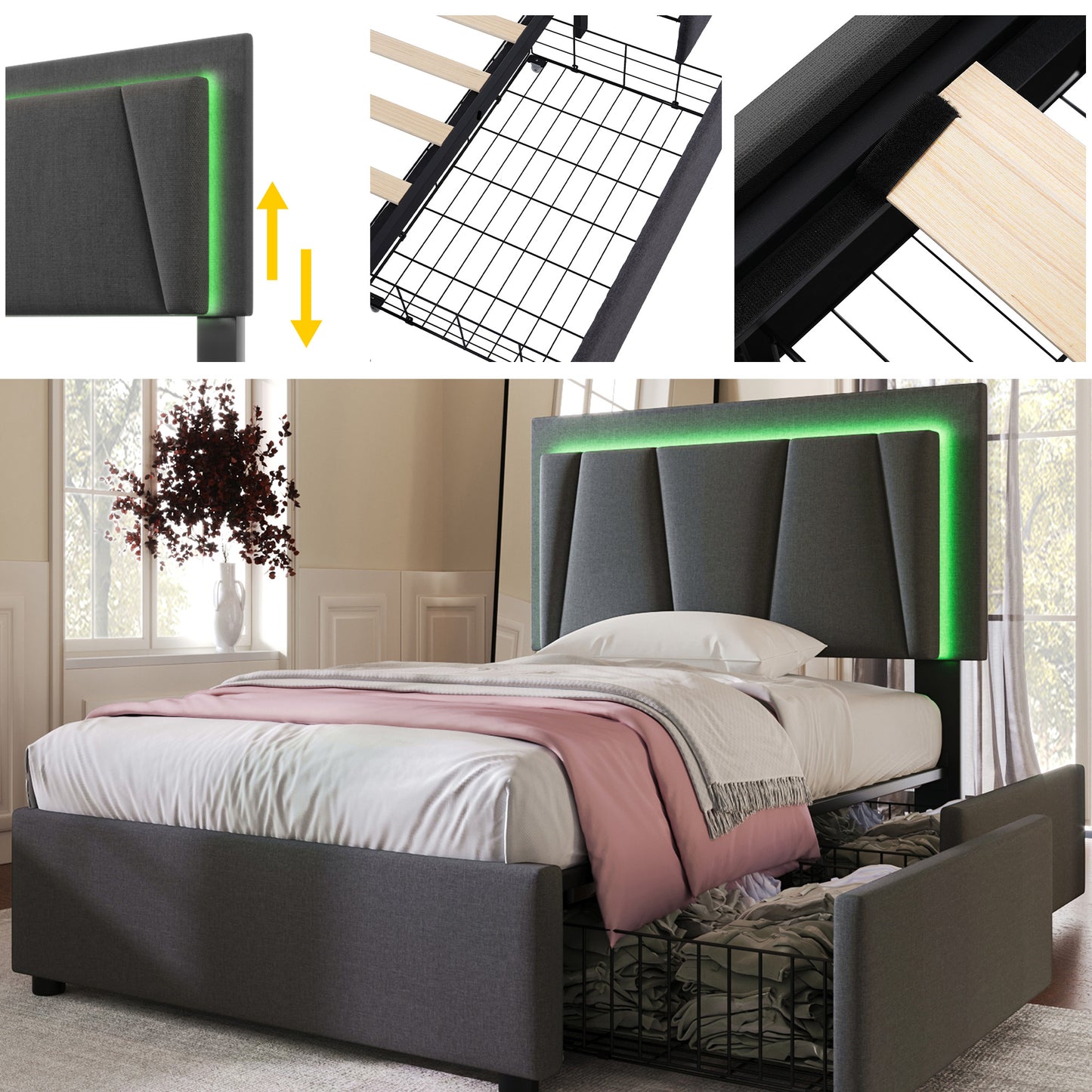 Upholstered Bed With LED Lighting And 2 Drawers,Height-adjustable Headboard,Single Bed 90x200cm Storage Beds Bed Frame, Wooden Slatted Base,Grey Without Mattress