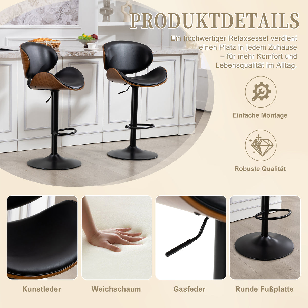 Swivel Bar Stools, Set Of 2, Height Adjustable Bar Stools In Curved Wood, Bar Chair With PU Leather Cover, Ergonomic Backrest And Footrest, For Bar, Kitchen Island At Home Black PU Leather