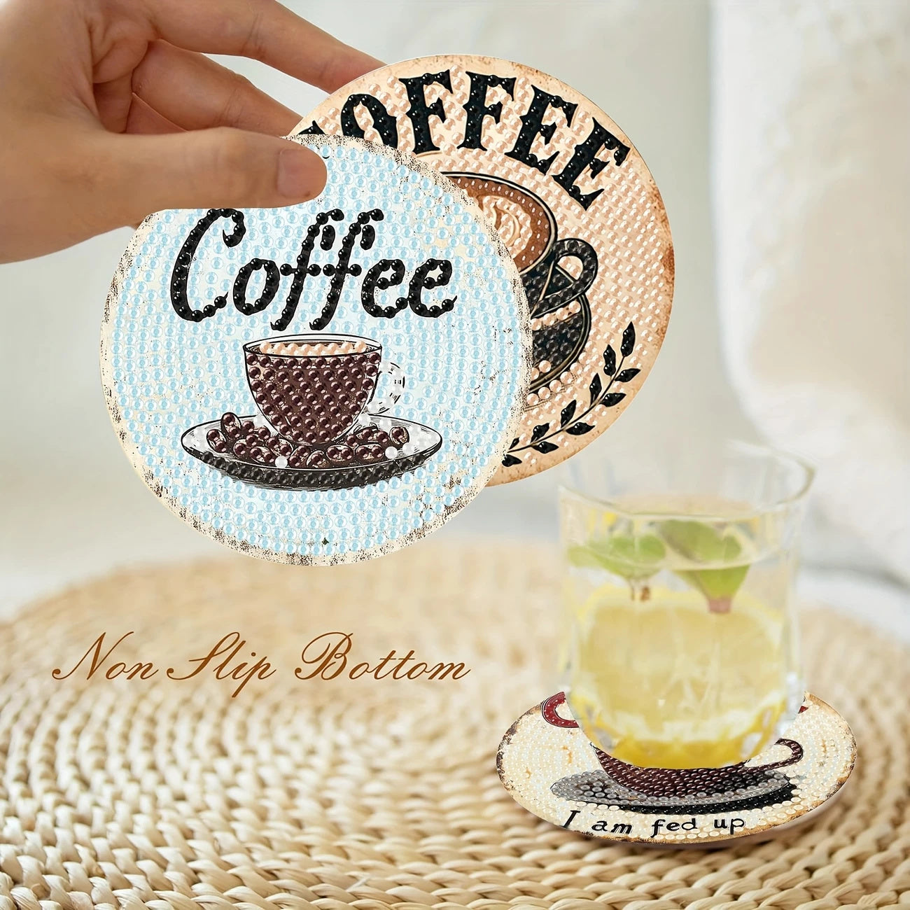 Diamond Art Drawing Coaster With Bracket, DIY Coffee Pattern Diamond Art Coaster, Suitable For Adults And Beginners Diamond Drawing Kit, Diamond Kit Craft Supplies, Exquisite Gifts For Friends