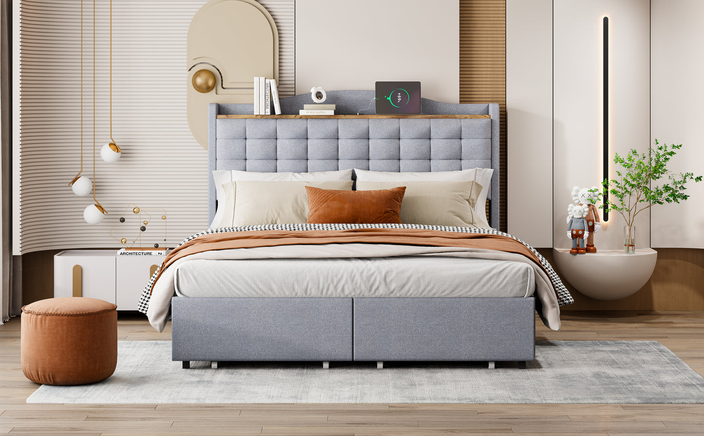 Upholstered Bed 140x200 Cm, Bedside Table With USB Charging Port And Shelf, Double Flat Bed With 4 Drawers, Linen Fabric Grey