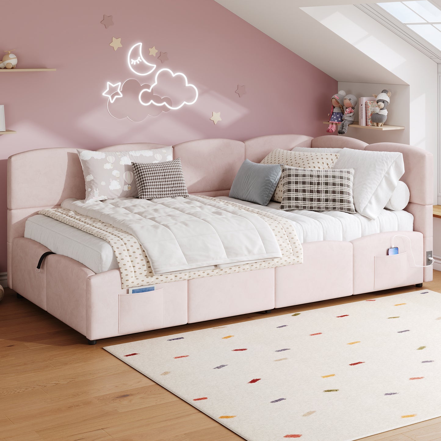 Upholstered Sofa Bed 90 X 190 Cm, 3-ft Single Daybed, Children's Bed, Single Sofa Bed With Slatted Frame, Hydraulic Storage, USB Charging, Velvet, Pink Without Mattress