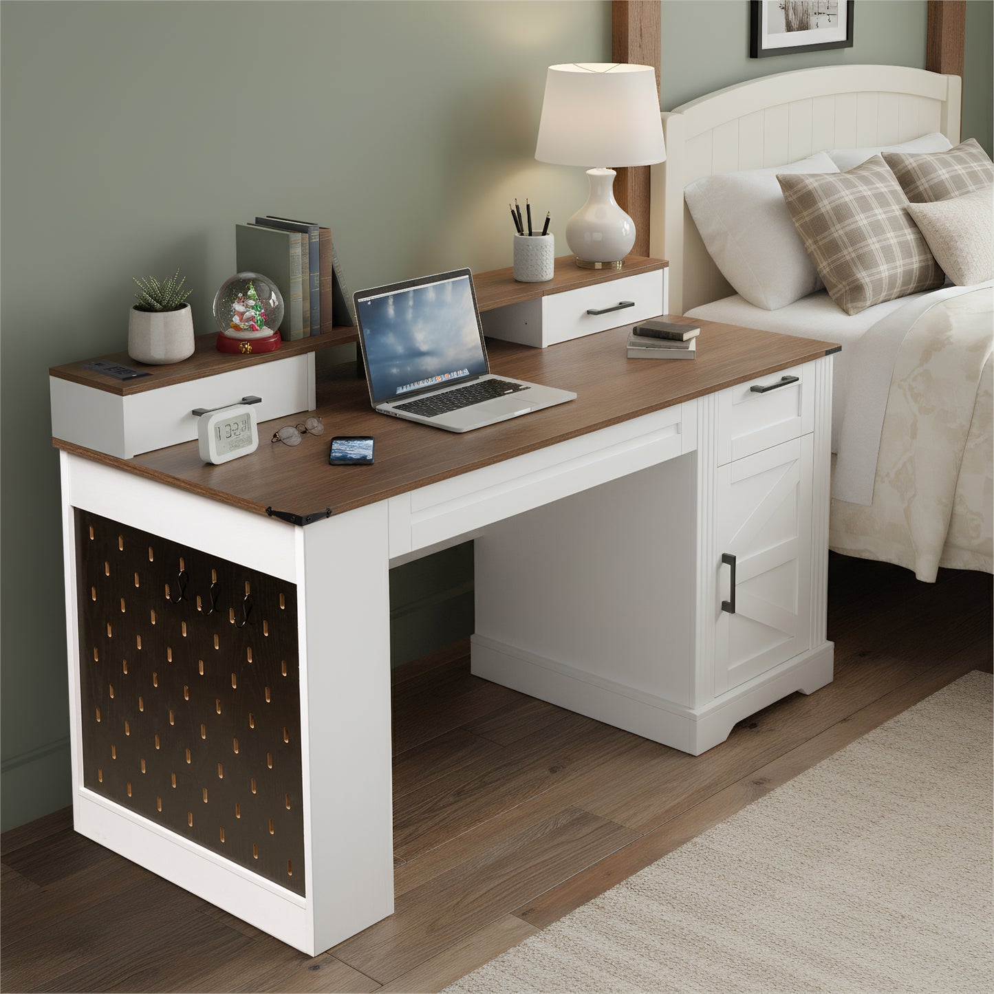 55 Farmhouse Office Desk With Storage Cabinet Charging Station, Barn Door Design Computer Writing Desk With Keyboard Tray, Monitor Stand And Pegboard For Study, Living Room, Home Office, White