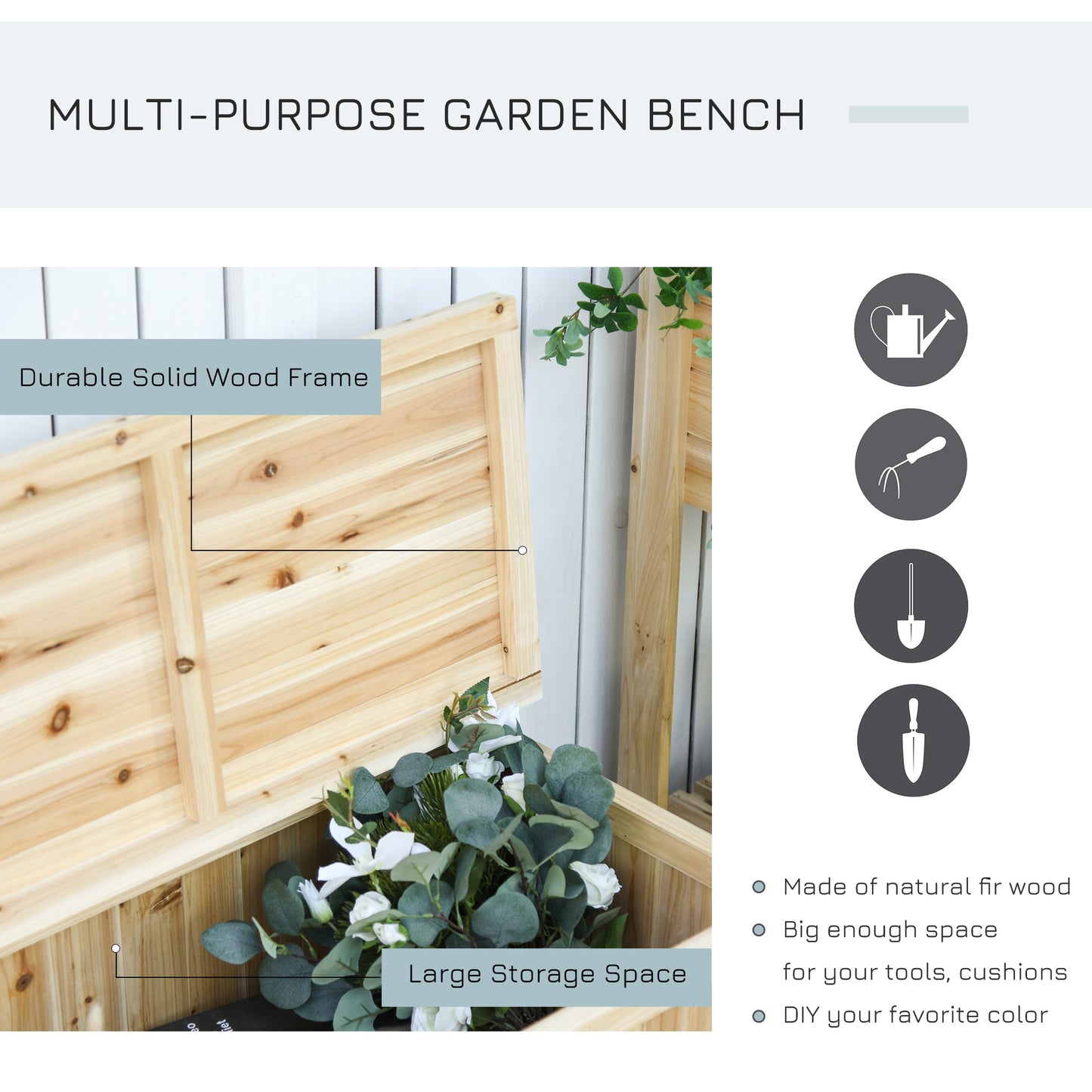 Wood Storage Bench For Patio Furniture, Outdoor Garden Seating Tools