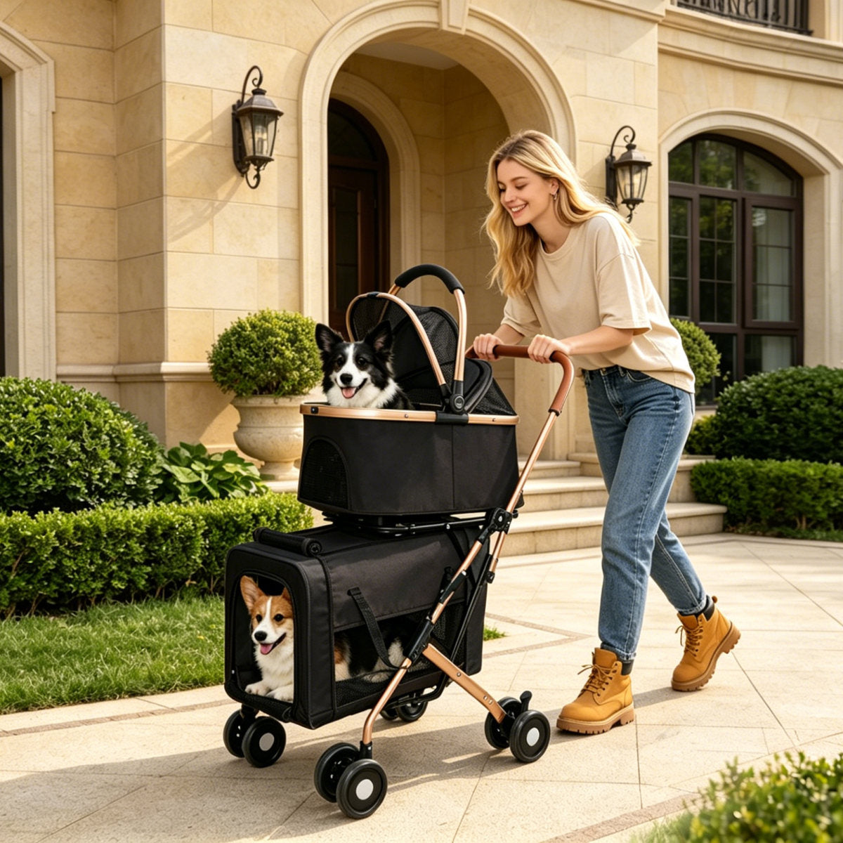 Double Pet Stroller for Dogs and Cats, Foldable Frame, 3-in-1 Convertible Carrier/Tote, Shockproof Wheels, Brake System, Fixed Safety Leashes for Small/Medium Pets in Multi-Pet Homes(Black)