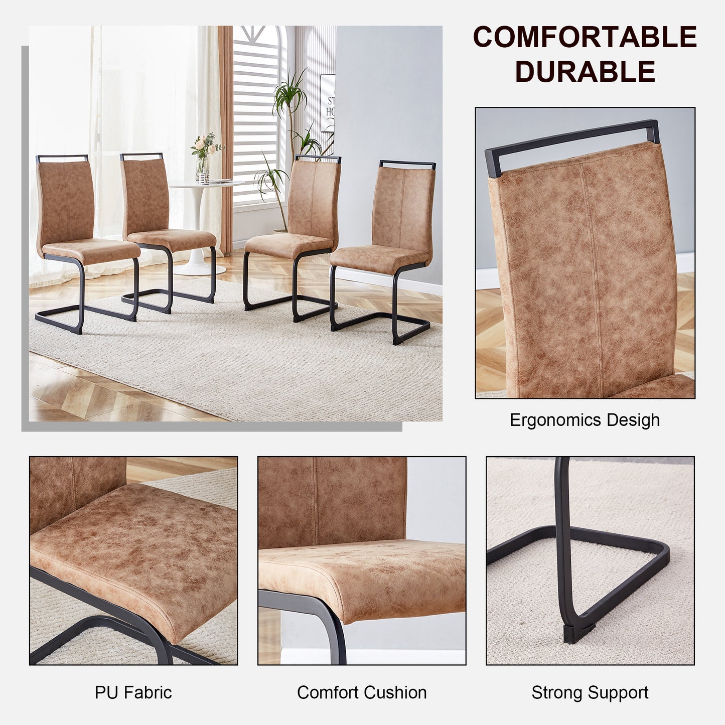Modern Dining Chairs, Technology Cloth High Back Upholstered Side Chair With C-shaped Tube Black Metal Legs For Dining Room Kitchen Vanity Club Guest Office Chair Set Of 4 Brown 1162