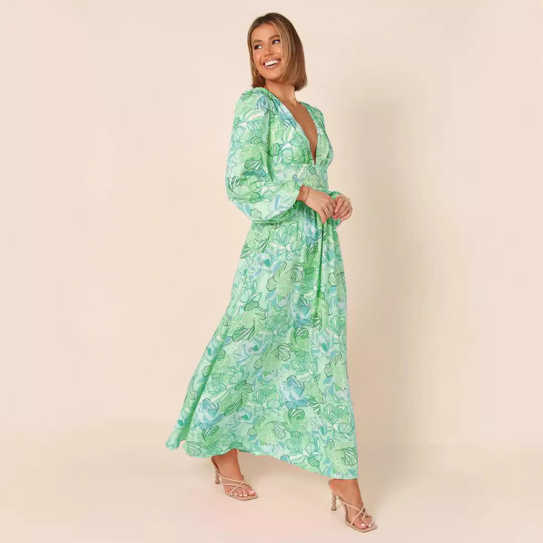Printed Backless Deep-V Sexy Best-selling Long-sleeve Dress