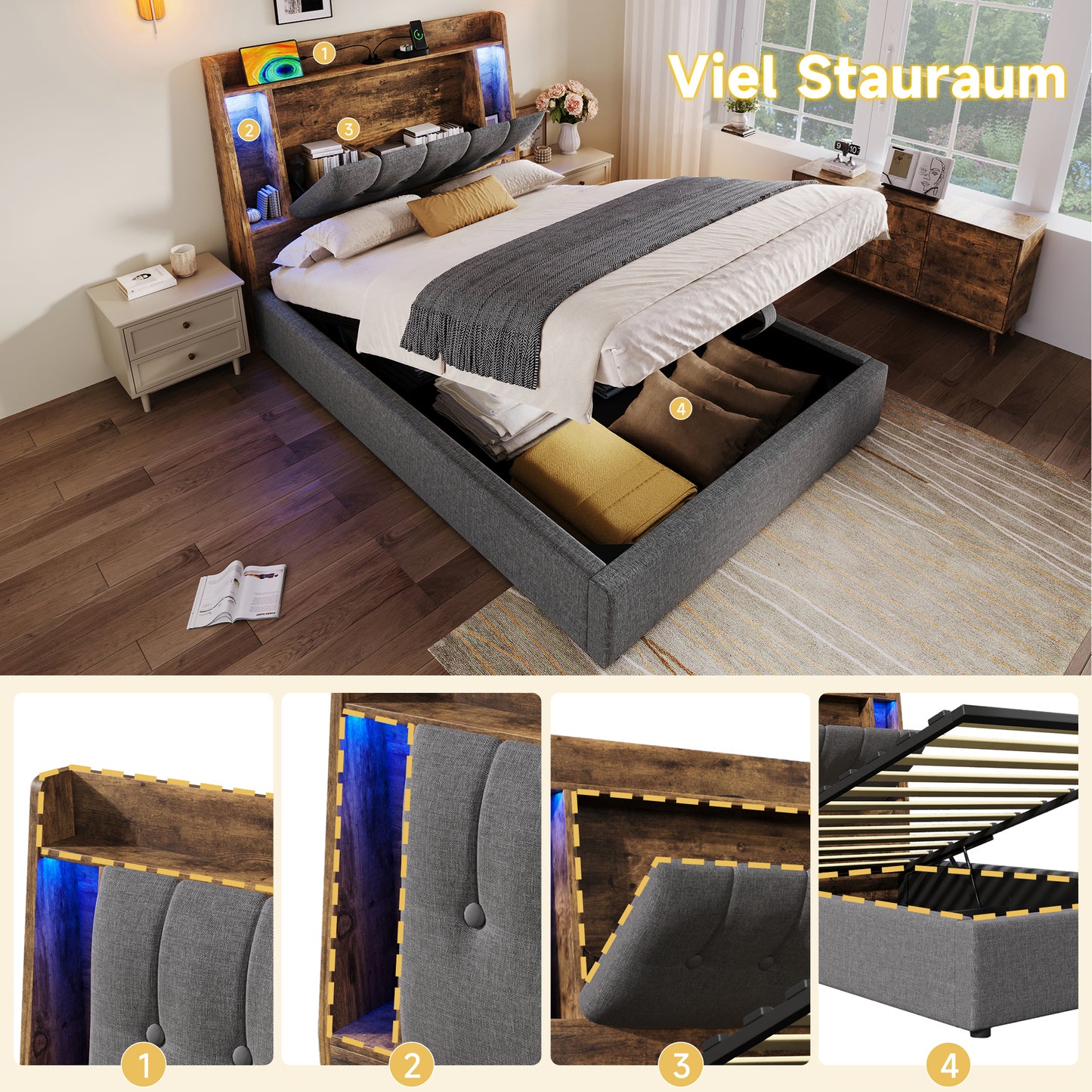 Upholstered Bed, 90x200 Cm, With USB Type-C Charging,Without Mattress,Flip-Top Storage Compartment, Multifunctional Storage, LED Lighting, Push-button Appdien,Linen, Grey
