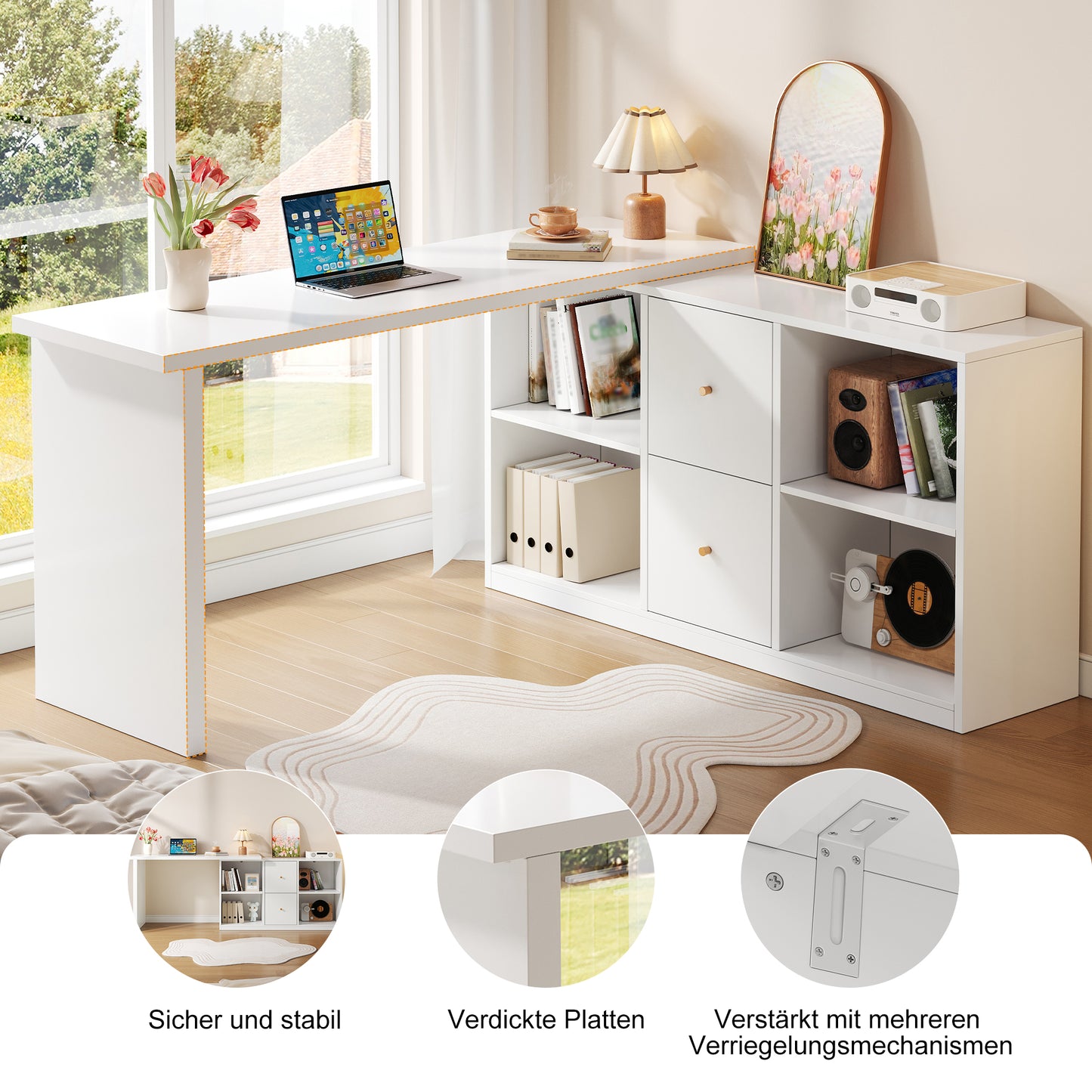 Modern L-shaped Corner Desk 120X50X78 130X35 Cm Can Be Mounted On Both Sides Left Right , Reinforced Table Top And Legs, With 2 Drawers And Open Storage Compartments- Corner Desk, Desk