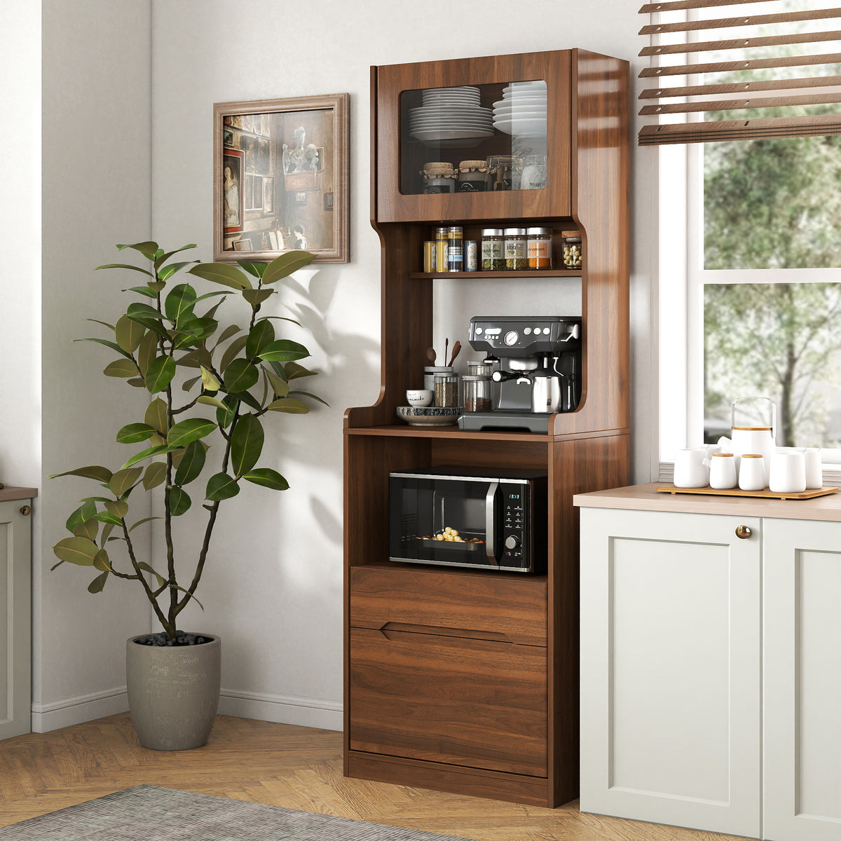 Kitchen Pantry Hutch Storage Cabinet, Farmhouse Kitchen Hutch Buffet Cabinet With Microwave Stand, Freestanding Buffet Sideboard Coffee Bar Cabinet