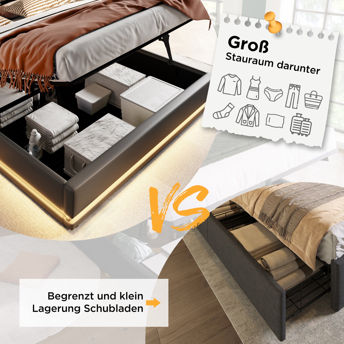 Upholstered Bed Double Bed 140x200 Cm,Grey Cotton Material Hydraulic Storage Bed, Upholstered Headboard With USB Type-C Charging Function, 3-Sided LED Function Without Mattress