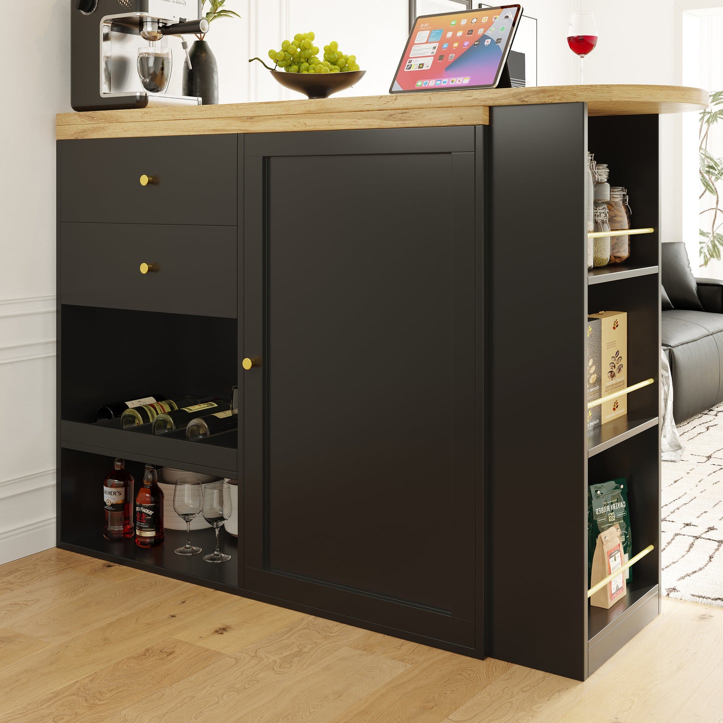 Swivel Bar Table Main Body 105 X 39 X 102 Cm , With 2 Drawers And Sliding Door Cabinet, 3 Levels Of Open Storage, Suitable For Dining Room Study Living Room, Etc
