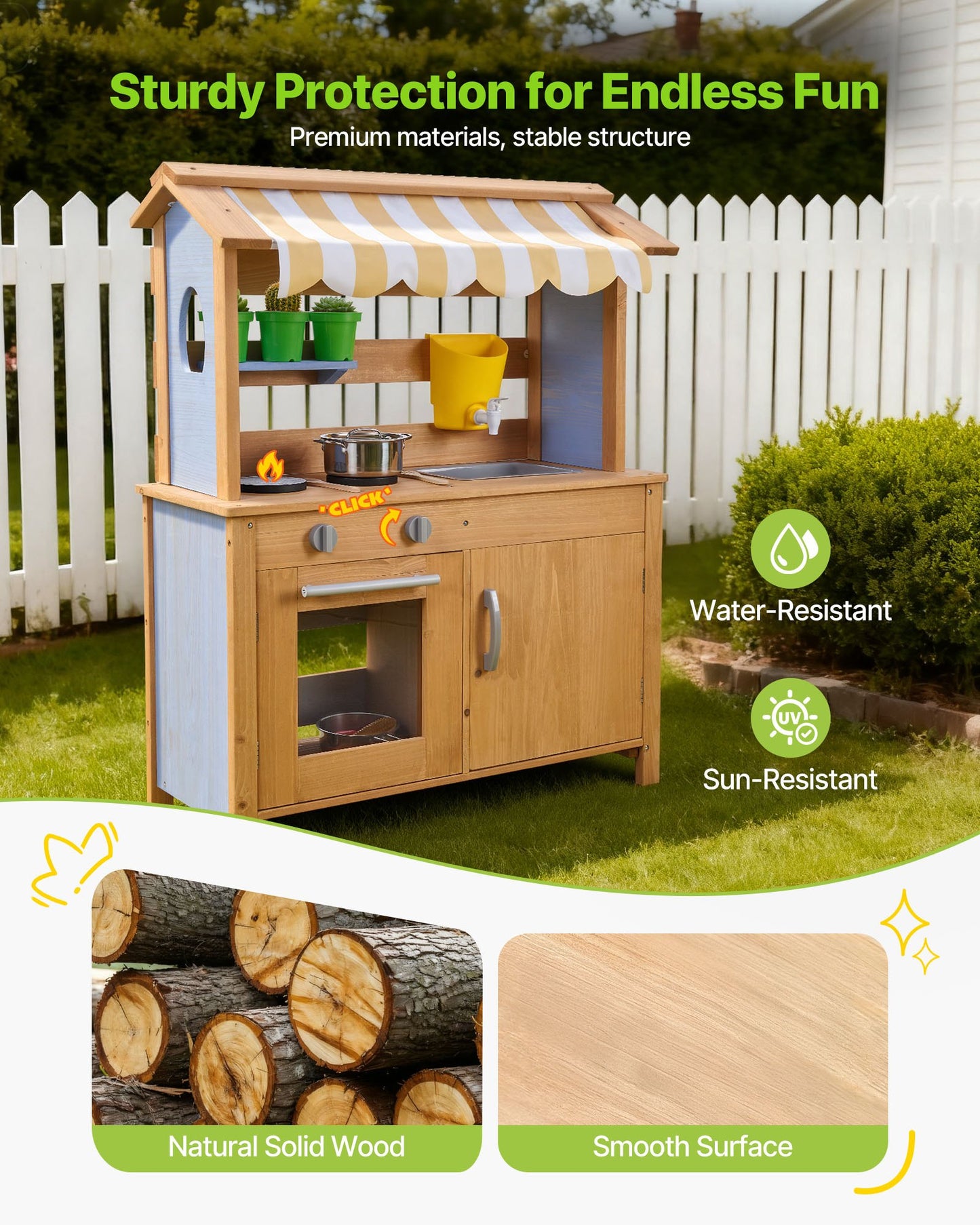 Mud Kitchen, Outdoor Mud Kitchen For Kids, Wood Outdoor Play Kitchens With Spoons, Sink, Tank, Sunshade Canopy, Shovels, Cookware Pots And Accessories, Wooden Play Kitchens For Home, Lawn