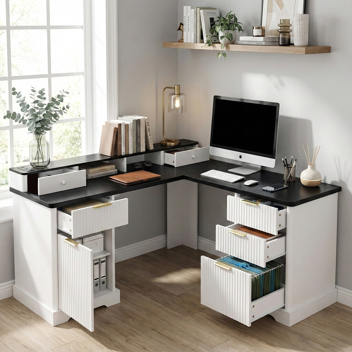 59 Modern Fluted L-Shaped Desk With Charging Station Storage Cabinet - Home Office Computer Desk With Monitor Stand, File Drawer And Removable Support Shelf For Study, Home Office, White