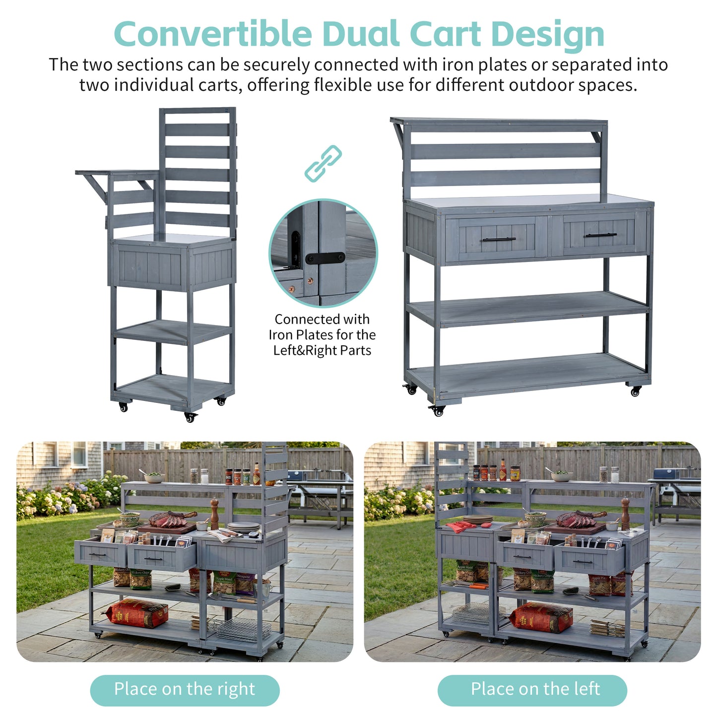 With Assembly Video TOPMAx 62.3 Patio Kitchen Island Solid Wood Kitchen Cart With Stainless Table Top Garden Potting Bench With Raised Shelf And Drawers Grill Prep Table For BBQ Party Gray