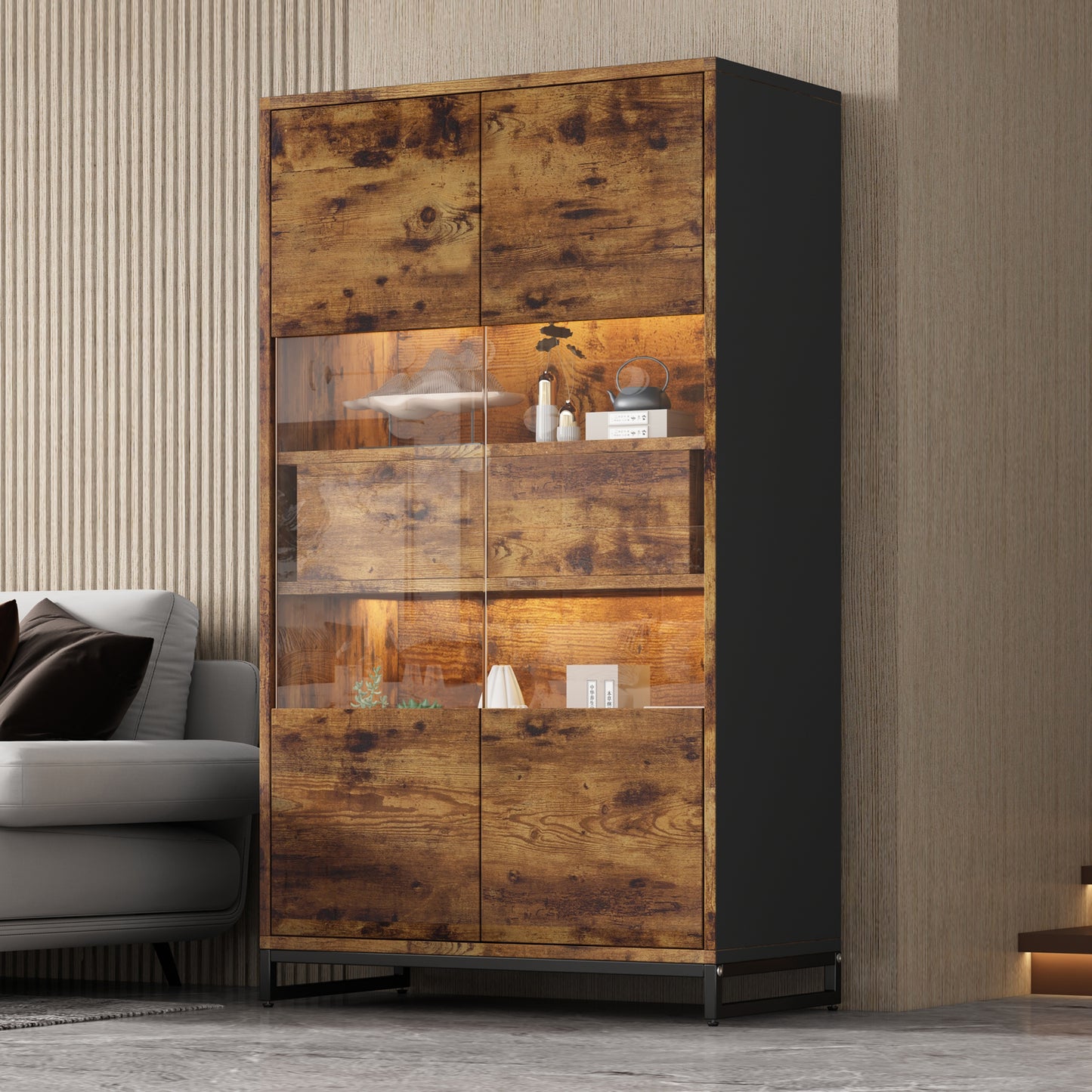 80X40X138cm Display Cabinet With LED Lighting Standing Display Cabinet,Display Cabinets With 2 Drawers, Storage Display Case With Acrylic Panel, Highboard, Wine Cabinets, Bookshelves With Plenty Of St
