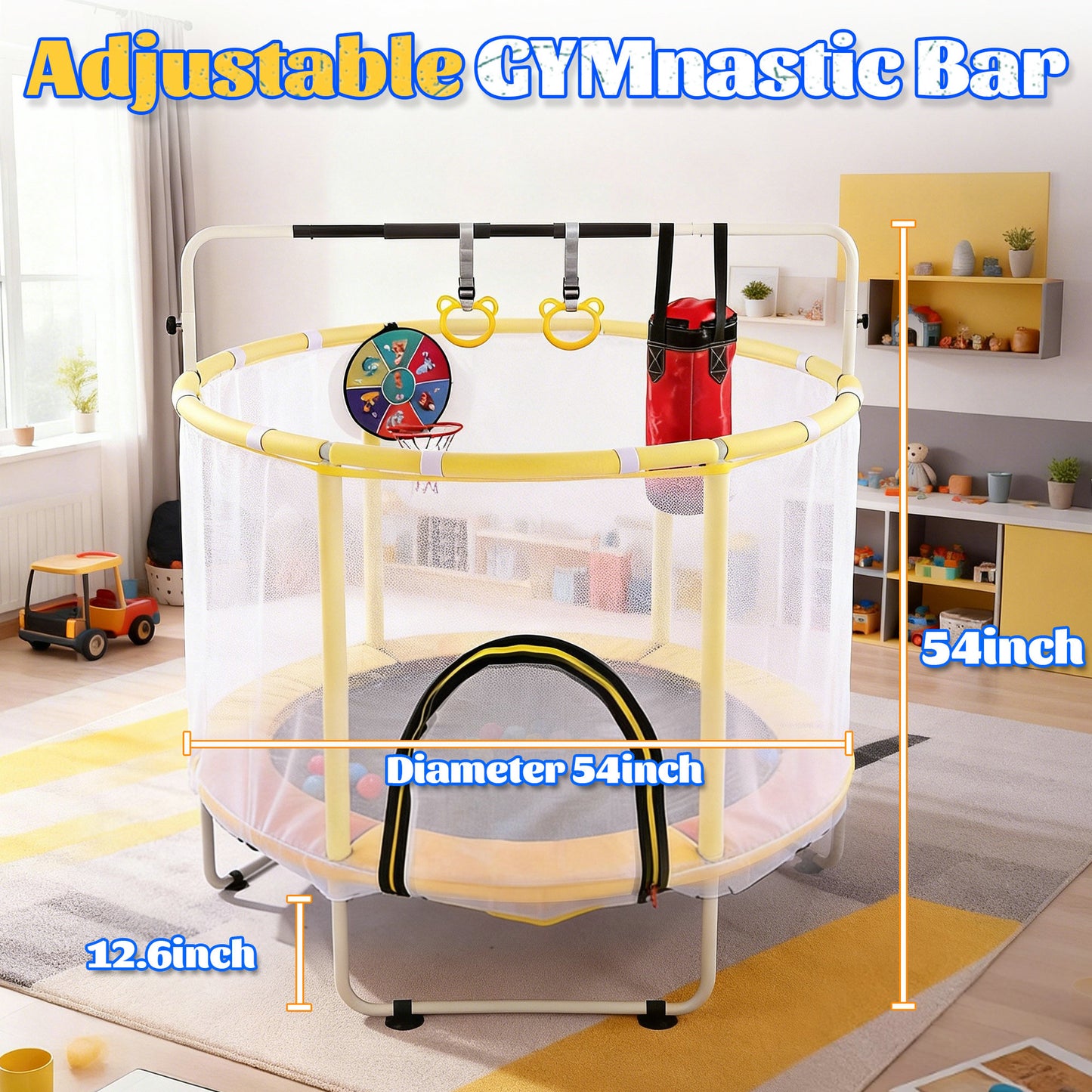54 Inch Mini Indoor And OutdoorToddler Trampoline With Safety Net, Antislip Safe Design, Round Jumping Toy,With Boxing Bag ,Ring And Basketball Hoop, With Adjustable Gym Bar,Gift For Boys&Girls