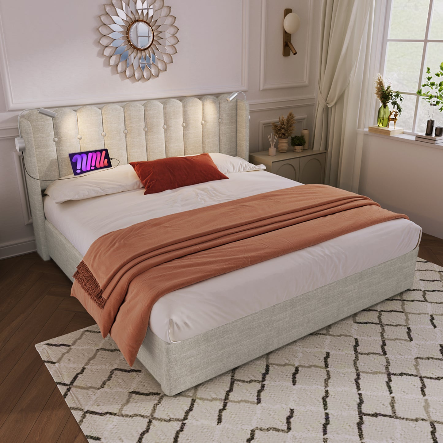 Upholstered Bed Double Bed Reading Light With Charging Function Head Part Storage Bed Frame Linen Material Youth Bed 160x200 With Slate Rust,Of Course Without Mattress