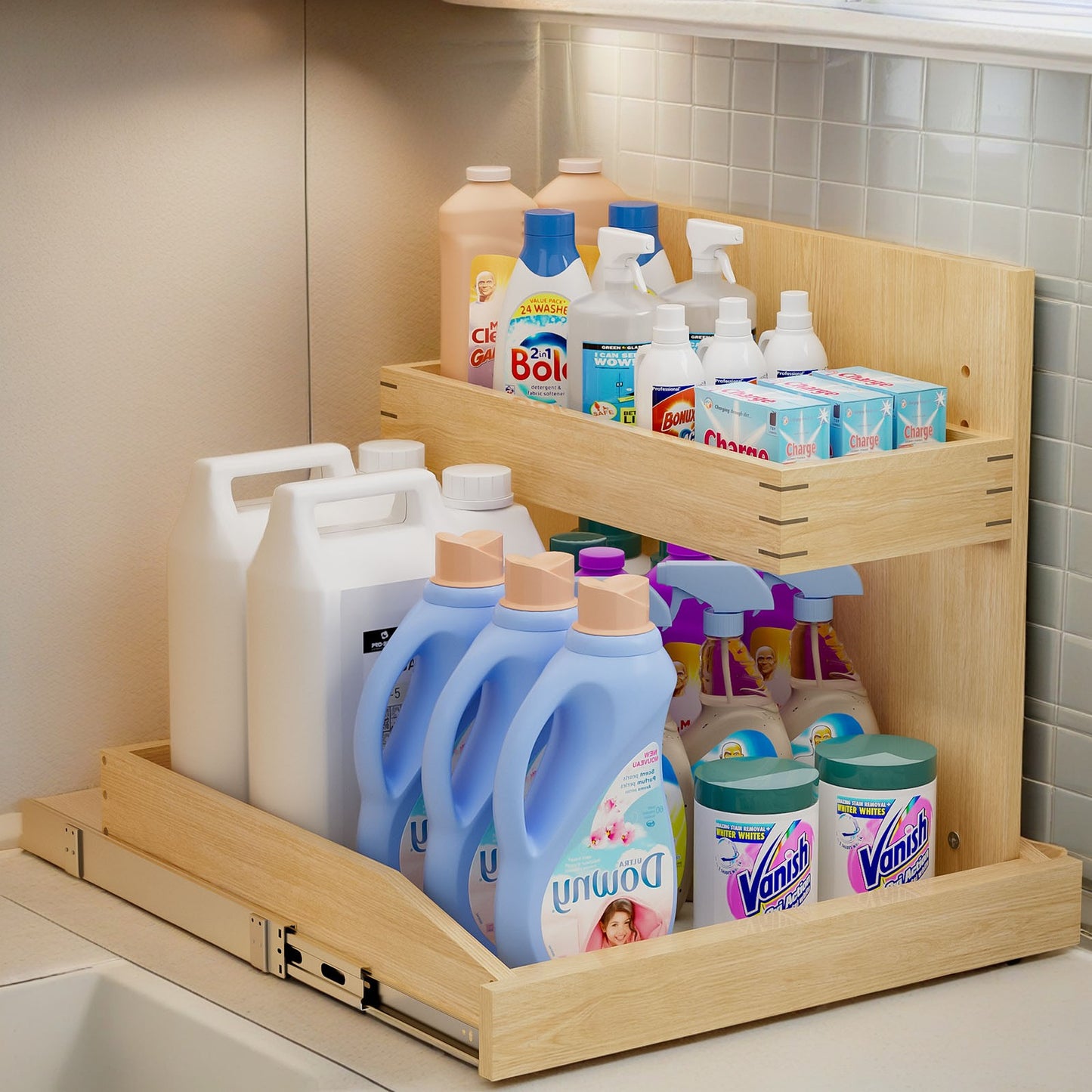 Under Sink Organizers And Storage 22 W X 21 D, 2 Tier Pull Out Cabinet Organizer With Hard Close, Adjustable Pull Out Cabinet Organizer With U Bracket For Bathroom Kitchen Right