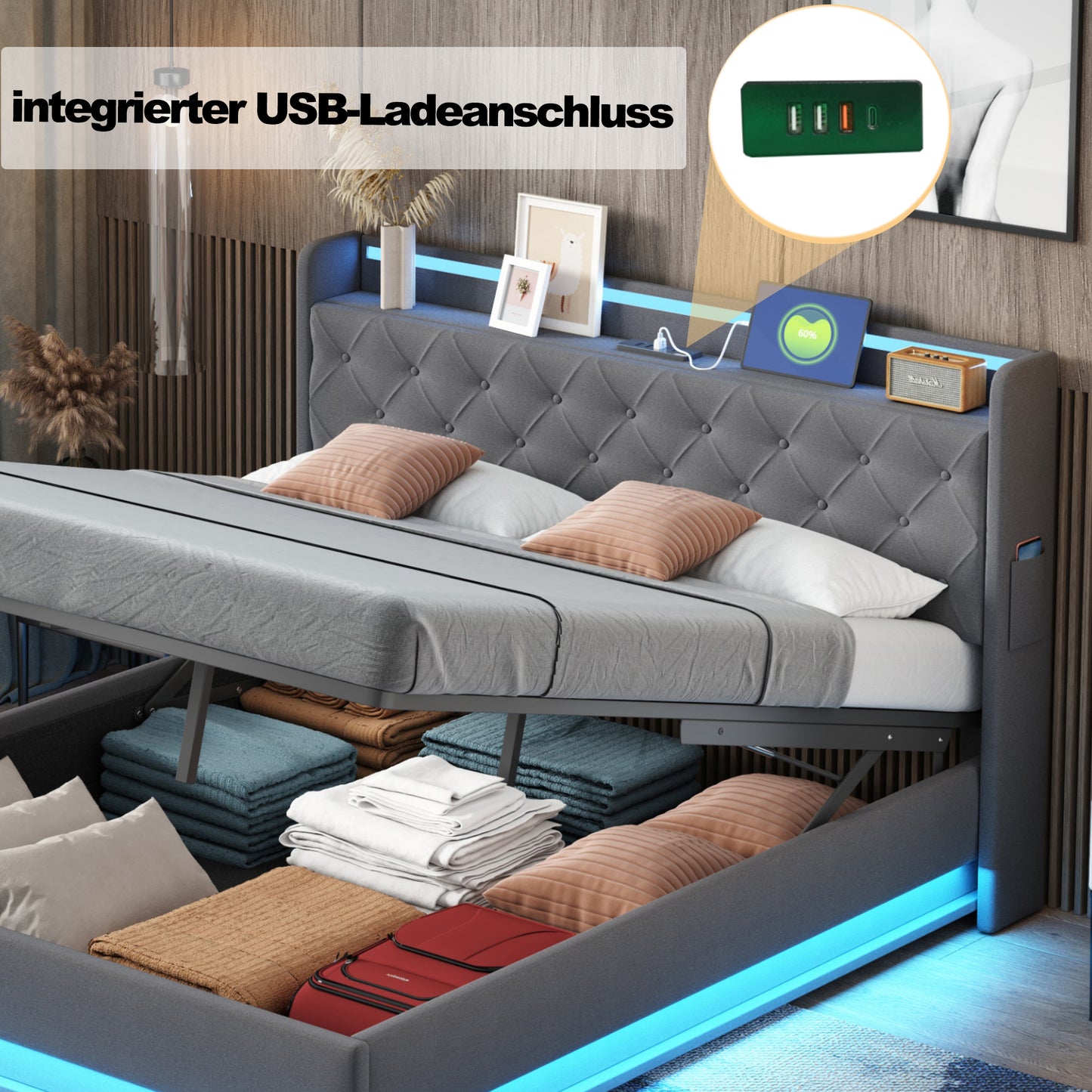 LED Upholstered Bed 140x200 Cm With USB Charging Port And Hydraulic Storage, Skin-friendly Linen Fabric Grey