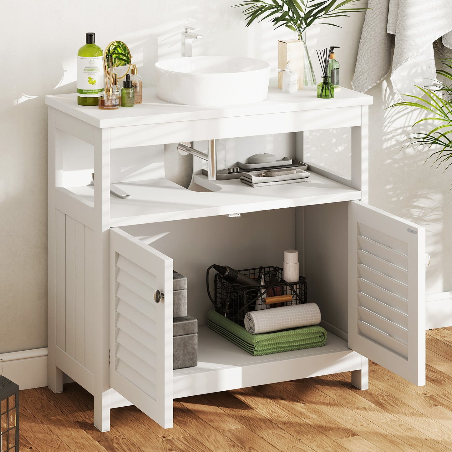Wall Mounted Sink Plumbing Under Sink Storage Cabinet With 2 Doors Open Shelf U Shape Cut Out Wall Mounted Drainage Bathroom Under Sink Vanity For Toiletries Makeup