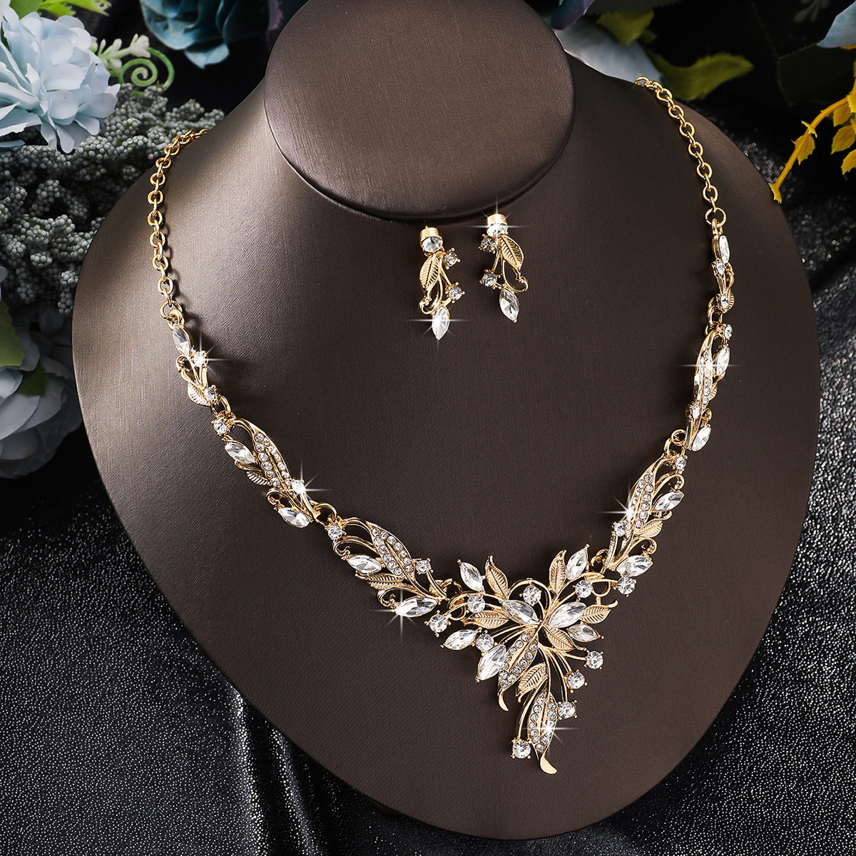 Korean Style Bridal Jewelry 2Pcs Set, Leaf Cubic Zirconia Collarbone Necklace & Drop Earrings, Wedding Dress Formal Accessories For Women