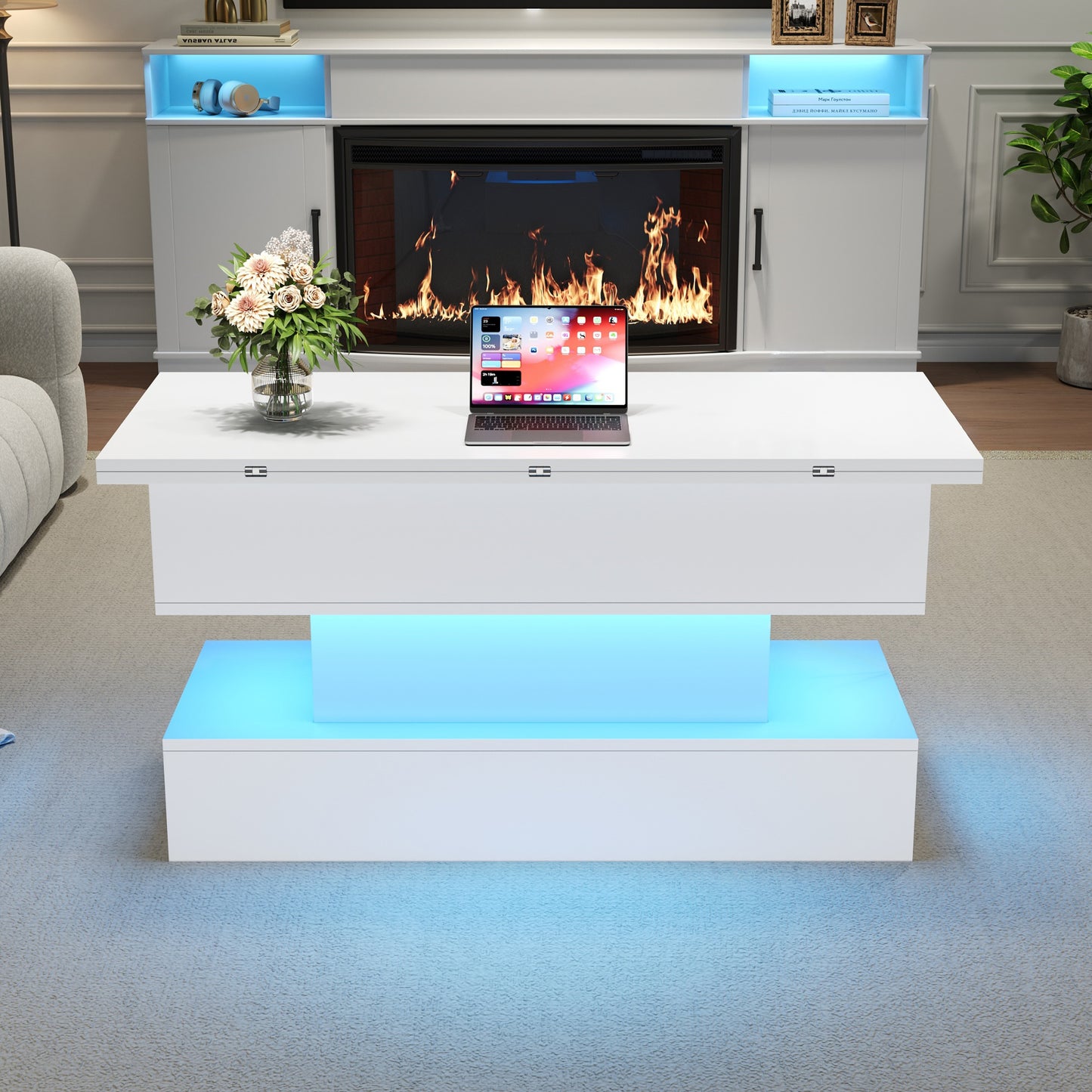 100x50x51.5cm Coffee Table With Socket,USB-C&USB Charging Socket,Multifunctional Living Room Table With LED, Liftable Coffee Table, Height Adjustable Sofa Table,Side Table And Dining Table With Storag