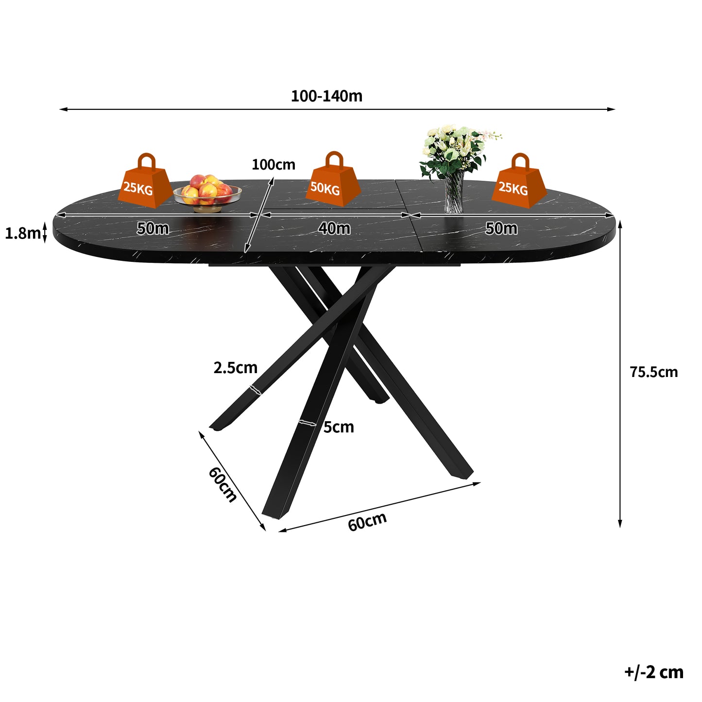 Round Extendable Table With Marble Look - 100 Cm Extendable To 140 Cm X 75.5 Cm High - With Sturdy X-shaped Metal Frame In Black - Ideal As A Kitchen Table Or Breakfast Table