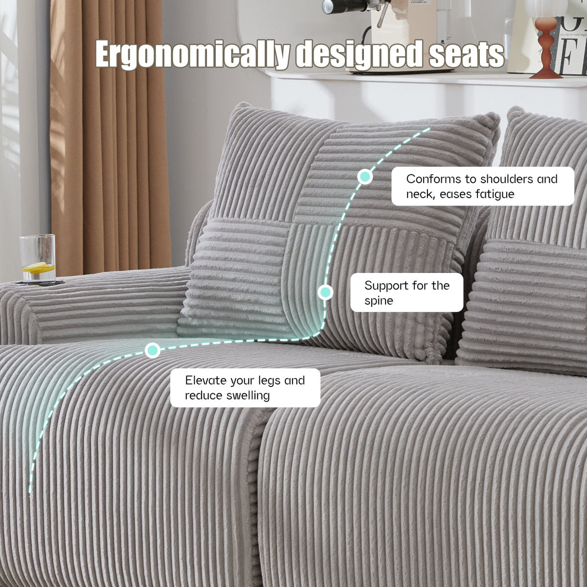 Modular 2-Seater Corduroy Sofa, Freely Configurable And Vacuum-packed, Featuring Built-in Cup Holders And Side Storage Pockets. Ideal For Living Rooms, Family Rooms, And Other Spaces. Light Gray.
