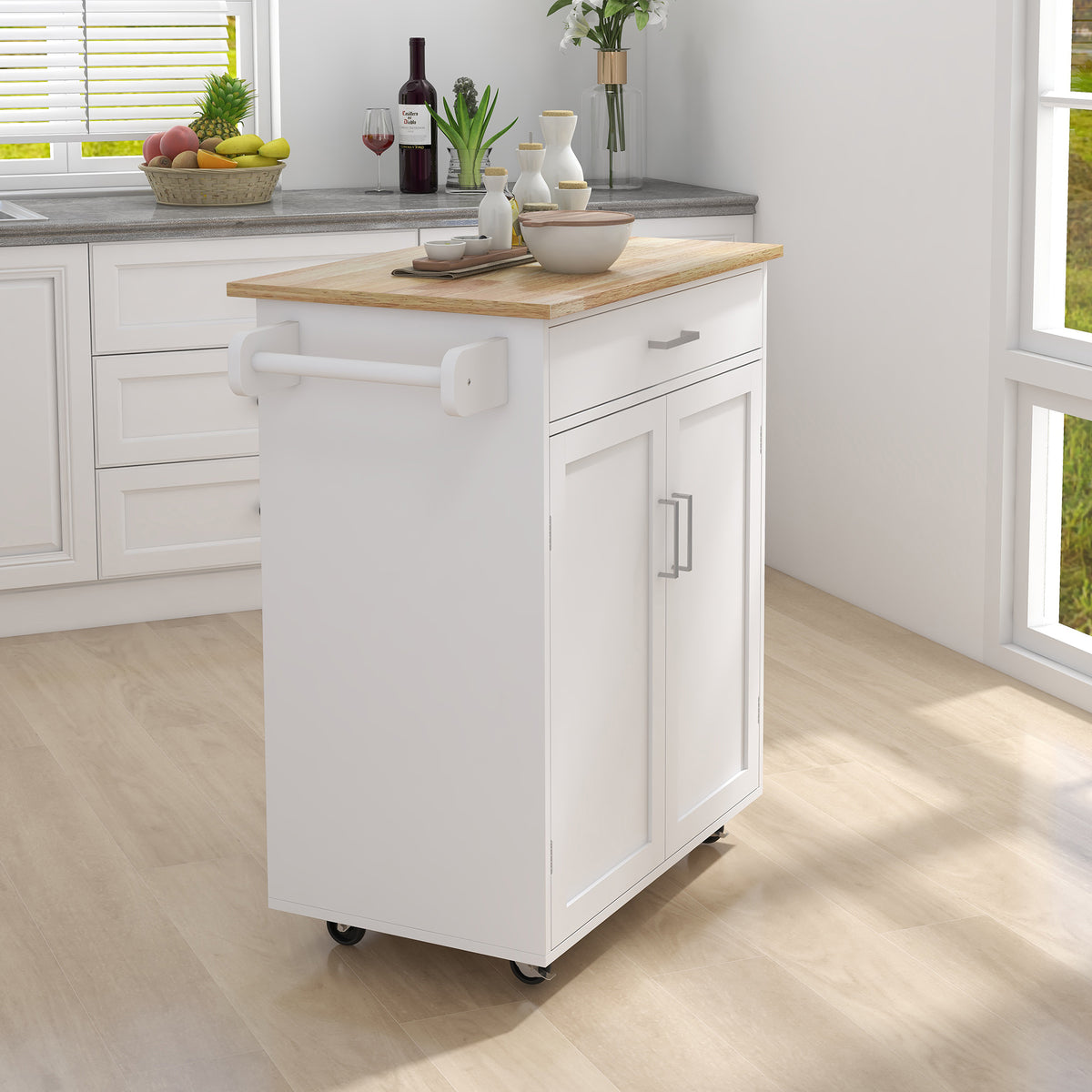 Kitchen Island Rolling Trolley Cart With Adjustable Shelves And Towel Rack Rubber Wood Table Top