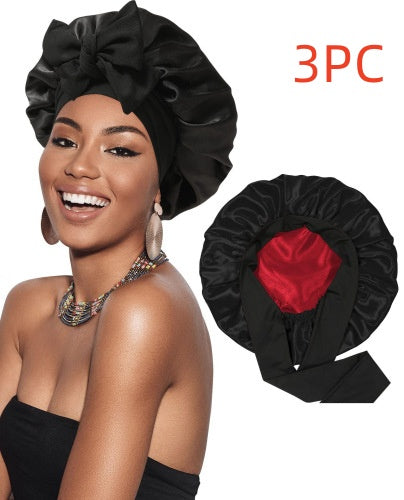 Double-layer Satin Ribbon Round Cap Bow Artificial Silk Beauty Hair Care Wide-brimmed Hat