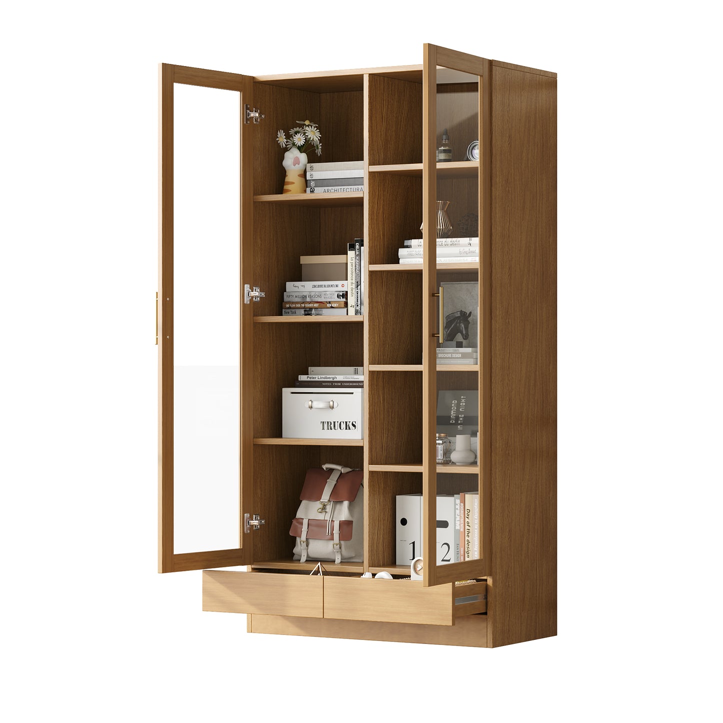 Glass Display Case Office Cabinet Bookcase Filing Cabinet Storage Shelf Offset Non-Adjustable Shelves, Handleless Push-To-Open Drawers, 80x40x160cm, Wood Color