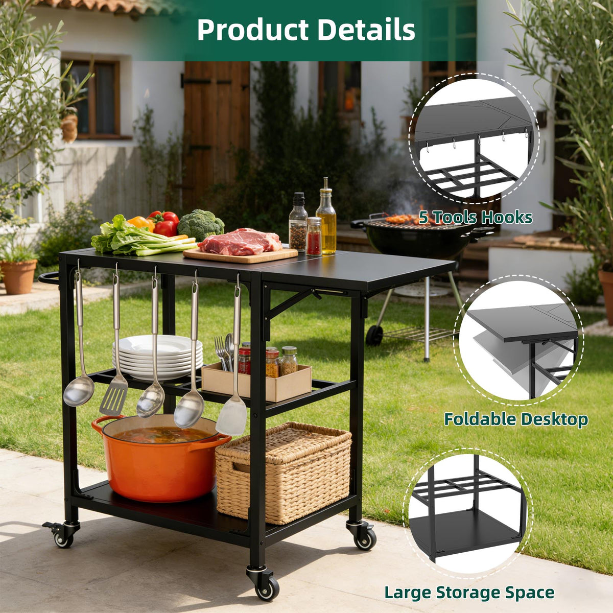 Outdoor Grill Table For Big Green Egg Style BBQ, Heavy Duty Metal Cart Prep Table With Wheels, Storage Shelf, Hooks And Removable Central Cover, Compatible With Large Big Green Egg Grill