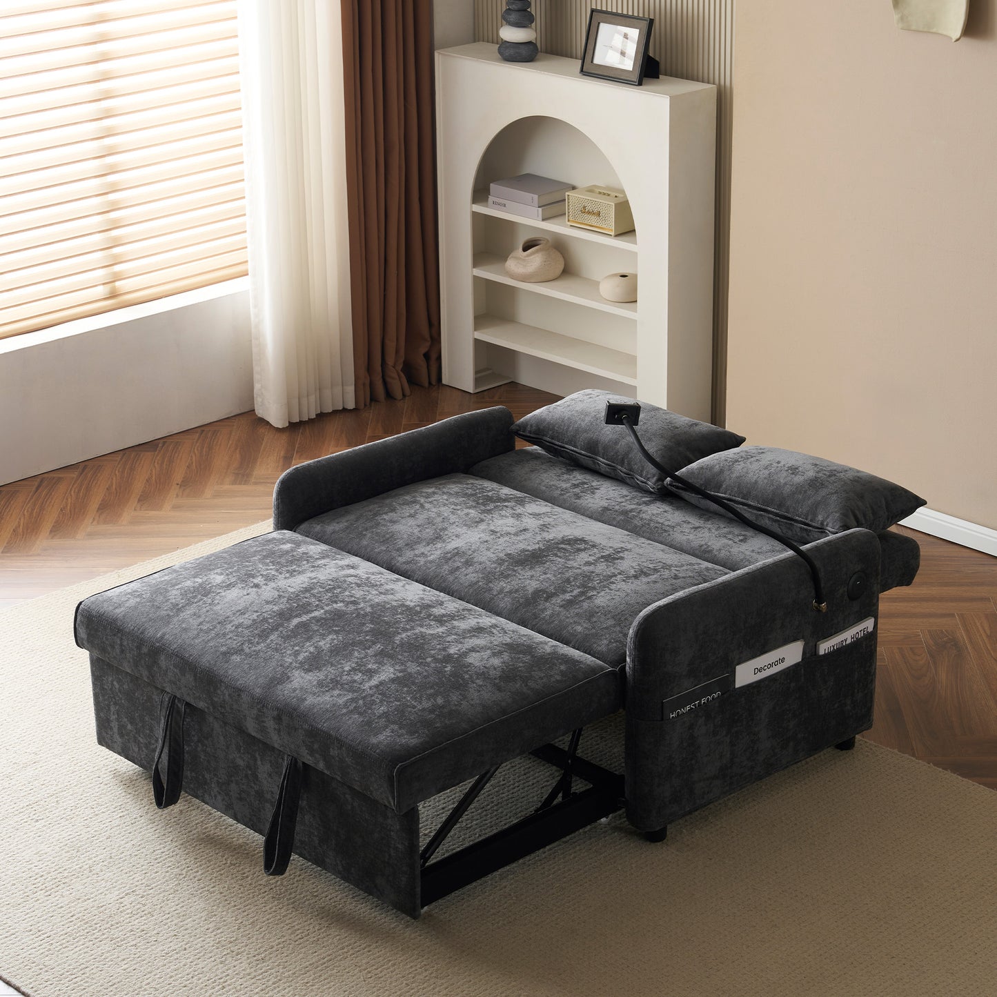 Modern 2 Seater Sofa Bed, 3 In 1 Convertible Design With Adjustable Backrest, Phone Holder, USB Ports And Side Pockets, Pull Out Chenille Sofa Bed For Living Room, Guest Room And Office, Grey